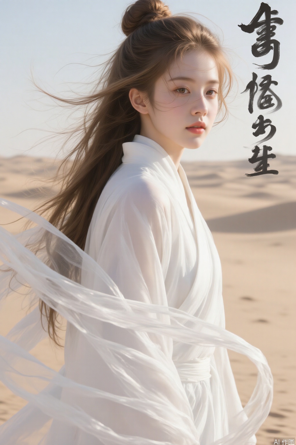 1 girl, long hair, bun, white Hanfu, wind, desert,kanji
