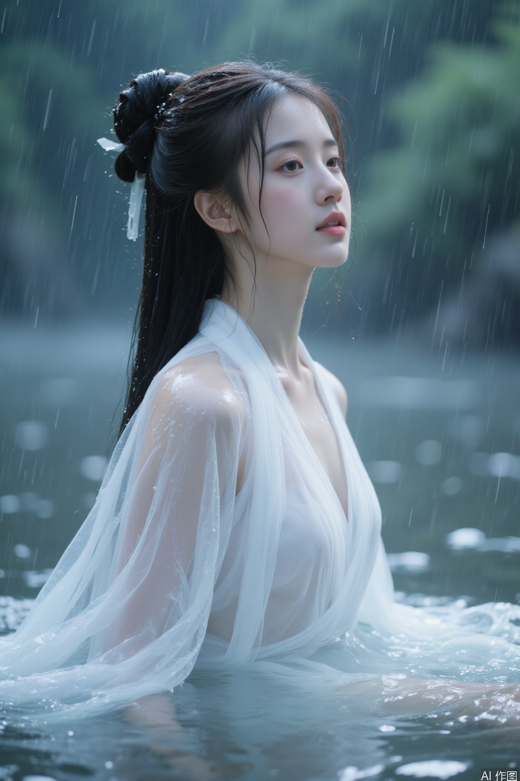 1 girl, long hair,lying, bun, in water, wet, chinese dress,rain,