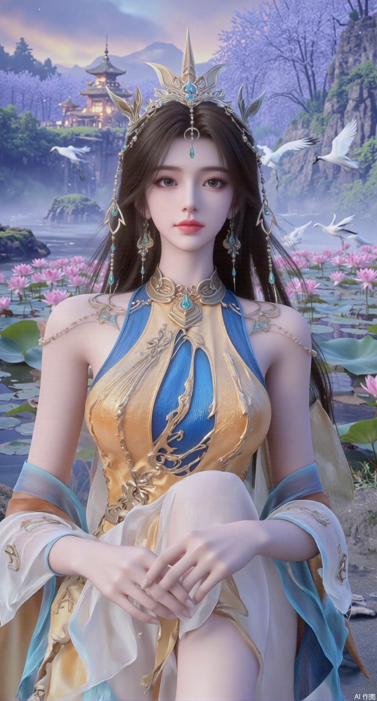  SFW,(masterpiece:1.2),best quality,1girl,solo,long hair,long dress,celestial maiden in flowing tulle gown levitates above lotus pond, ethereal mist trails from hair ribbons, mythical Penglai paradise emerges through clouds with glowing pavilions, translucent bioluminescent lotus blooms, flock of cranes gliding over water surface, ultra HD with soft 3D rendering, morning light filters through mist, falling petal rain, intricate details on scale-patterned fabric and lotus veins.(huge breasts:2.99),(full breasts:2.99),Xzhihua,Xsiyouyou,Xyanruyu,Xmoxiaonan,Xyeqingxian,Xyunwangshu,XlishaoyinY,Xxiaowu,Xyusanniang,XhuolingerHHY,Xwangqiuer,Xxuenv,XfuquY,XanmiaoyiXY,XyunyunX,Xhuangnv