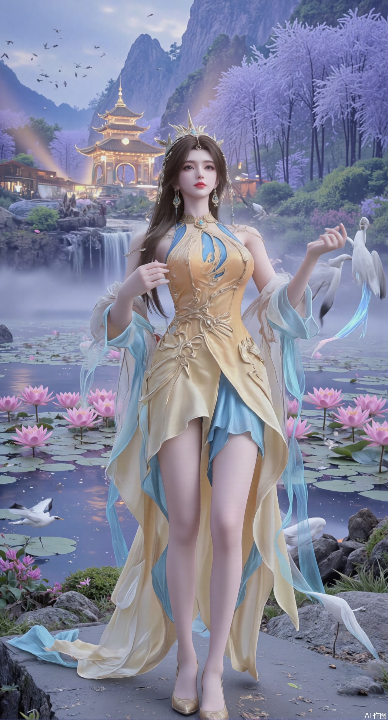  SFW,(masterpiece:1.2),best quality,1girl,solo,long hair,long dress,celestial maiden in flowing tulle gown levitates above lotus pond, ethereal mist trails from hair ribbons, mythical Penglai paradise emerges through clouds with glowing pavilions, translucent bioluminescent lotus blooms, flock of cranes gliding over water surface, ultra HD with soft 3D rendering, morning light filters through mist, falling petal rain, intricate details on scale-patterned fabric and lotus veins.(huge breasts:2.99),(full breasts:2.99),Xzhihua,Xsiyouyou,Xyanruyu,Xmoxiaonan,Xyeqingxian,Xyunwangshu,XlishaoyinY,Xxiaowu,Xyusanniang,XhuolingerHHY,Xwangqiuer,Xxuenv,XfuquY,XanmiaoyiXY,XyunyunX,Xhuangnv
