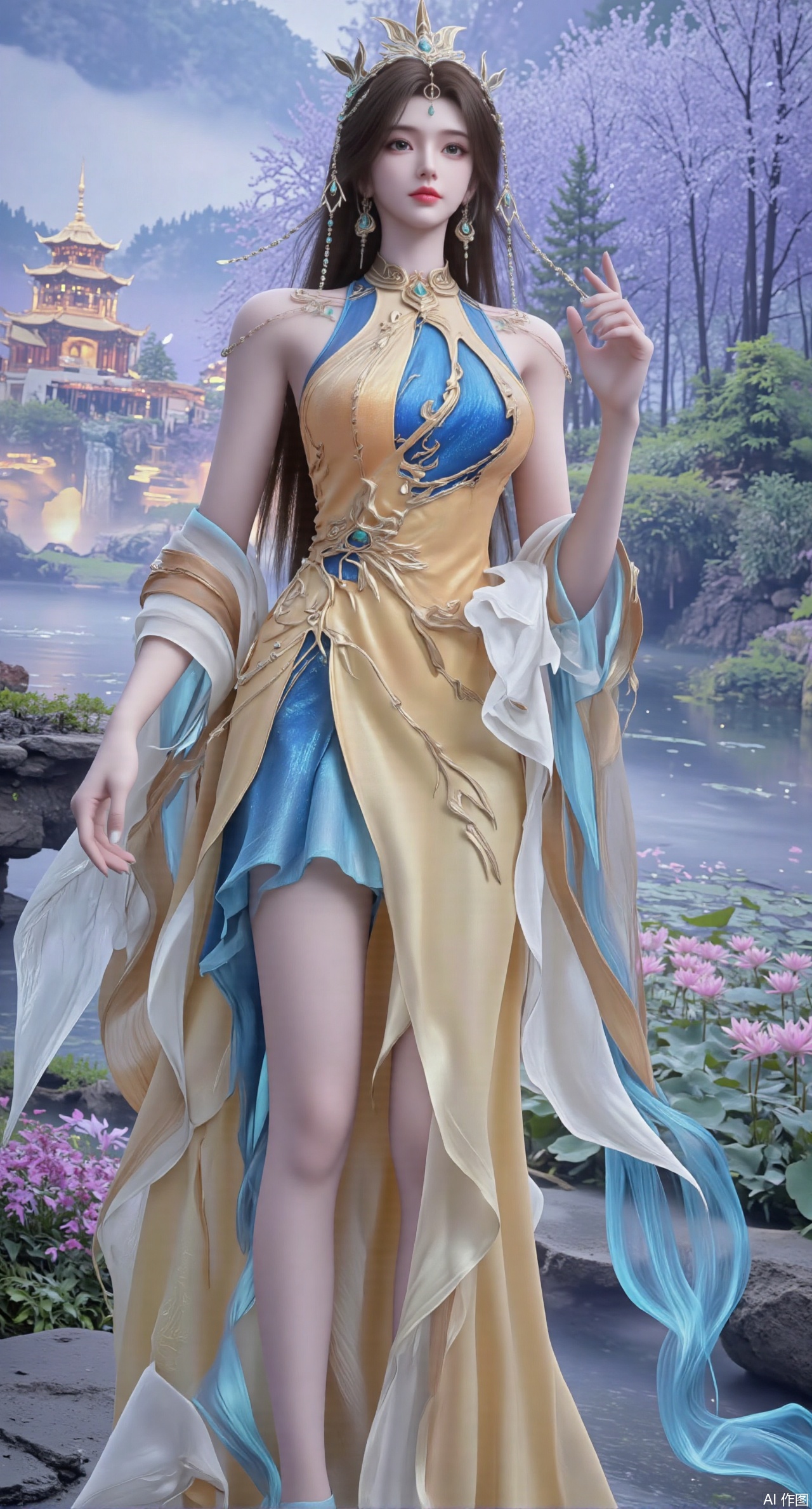  SFW,(masterpiece:1.2),best quality,1girl,solo,long hair,long dress,celestial maiden in flowing tulle gown levitates above lotus pond, ethereal mist trails from hair ribbons, mythical Penglai paradise emerges through clouds with glowing pavilions, translucent bioluminescent lotus blooms, flock of cranes gliding over water surface, ultra HD with soft 3D rendering, morning light filters through mist, falling petal rain, intricate details on scale-patterned fabric and lotus veins.(huge breasts:2.99),(full breasts:2.99),Xzhihua,Xsiyouyou,Xyanruyu,Xmoxiaonan,Xyeqingxian,Xyunwangshu,XlishaoyinY,Xxiaowu,Xyusanniang,XhuolingerHHY,Xwangqiuer,Xxuenv,XfuquY,XanmiaoyiXY,XyunyunX,Xhuangnv
