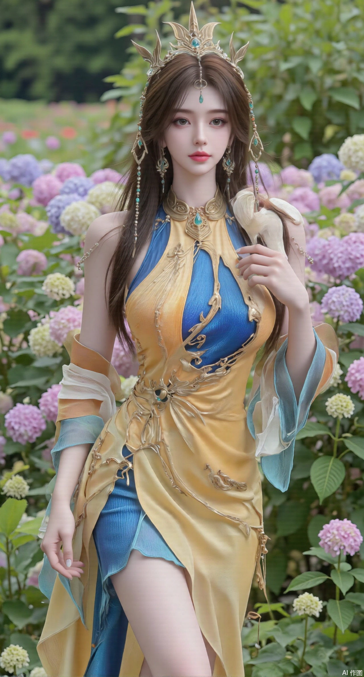  SFW,(masterpiece:1.2),best quality,absurdres,masterpiece,original,extremely detailed wallpaper,perfect lighting,1girl,solo,looking at viewer,(cowboy_shot:1.3),long hair,high heels,blurry background,depth of field,motion blur,(long dress:1.23),china_dress,chinese_style,bare shouders,crystal_earrings,headpiece,hair_tie,chest_jewel,gem,necklace,jewelry,in summer,day,outdoors,nature,garden,,(standing,Hydrangea, Hydrangea Field:1.59),(huge breasts:2.99),(full breasts:2.99),Xzhihua,Xsiyouyou,Xyanruyu,Xmoxiaonan,Xyeqingxian,Xyunwangshu,XlishaoyinY,Xxiaowu,Xyusanniang,XhuolingerHHY,Xwangqiuer,Xxuenv,XyunyunX,XqingnvzongZM,Xshangguanweier,XanmiaoyiXY,Xhuangnv