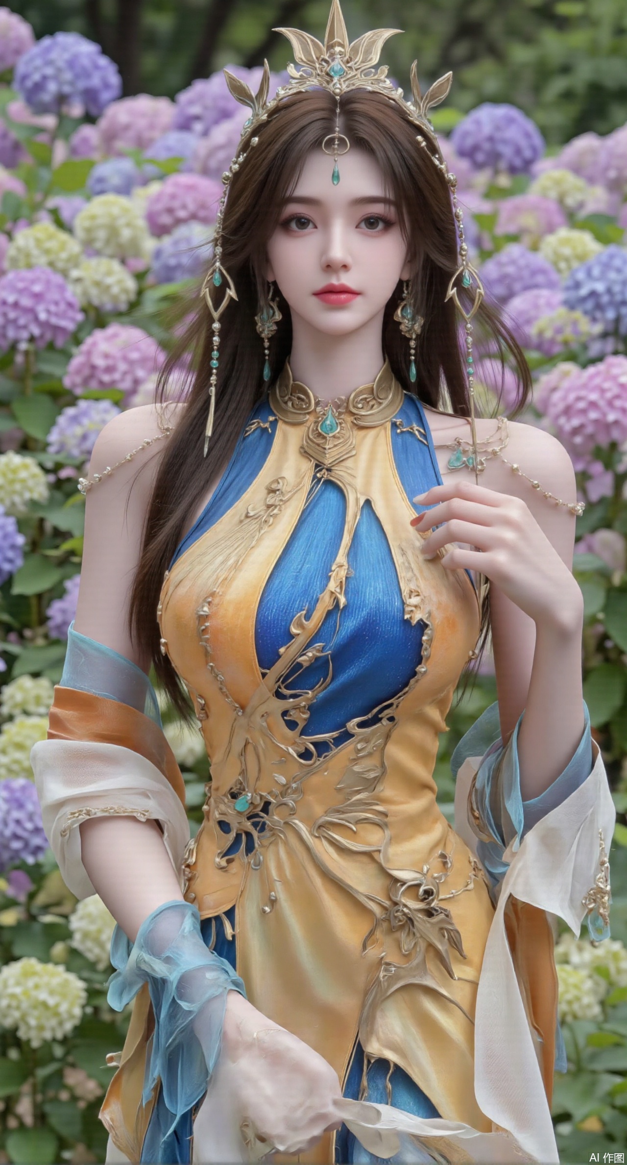  SFW,(masterpiece:1.2),best quality,absurdres,masterpiece,original,extremely detailed wallpaper,perfect lighting,1girl,solo,looking at viewer,(cowboy_shot:1.3),long hair,high heels,blurry background,depth of field,motion blur,(long dress:1.23),china_dress,chinese_style,bare shouders,crystal_earrings,headpiece,hair_tie,chest_jewel,gem,necklace,jewelry,in summer,day,outdoors,nature,garden,,(standing,Hydrangea, Hydrangea Field:1.59),(huge breasts:2.99),(full breasts:2.99),Xzhihua,Xsiyouyou,Xyanruyu,Xmoxiaonan,Xyeqingxian,Xyunwangshu,XlishaoyinY,Xxiaowu,Xyusanniang,XhuolingerHHY,Xwangqiuer,Xxuenv,XyunyunX,XqingnvzongZM,Xshangguanweier,XanmiaoyiXY,Xhuangnv