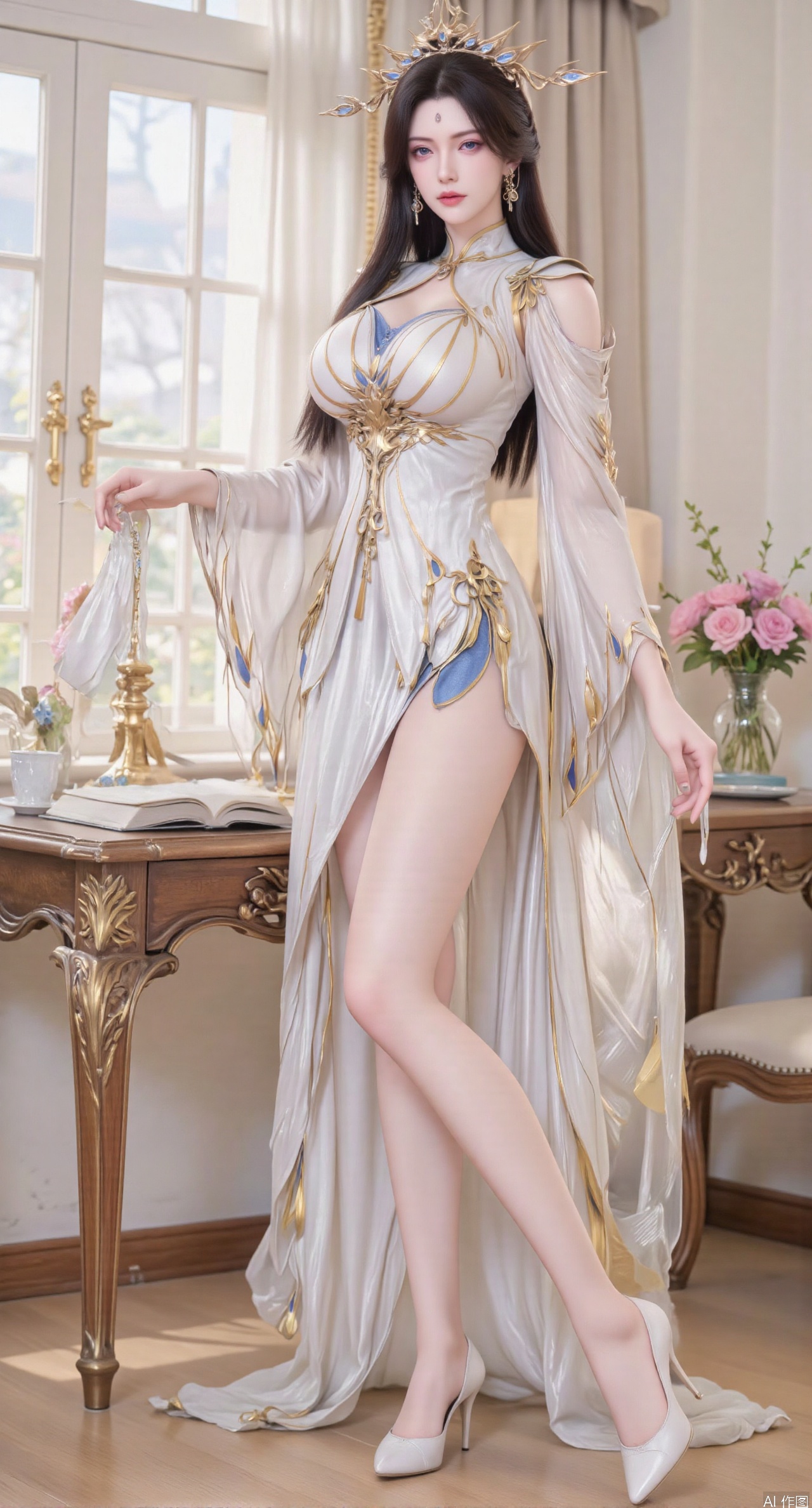 Ultra clear, wallpaper, 8k, masterpiece, 1girl, solo, long hair, breasts, looking at viewer, bangs, large breasts,long dress,, bare shoulders, jewelry, black hair, standing, purple eyes, full body, flower, thighs, indoors, hair bun, long dress, high heels, cup, see-through, book, bare legs, window, table, white footwear, standing on one leg, curtains, pink flower, side slit, vase, ,(huge breasts:2.99),(full breasts:2.99),phone screen,XanmiaoyiY,XhuolingerHHY,XwangqiuerKQW,Xxuenv,Xnanqiuqiu,Xhuangnv,XchuxuanerX