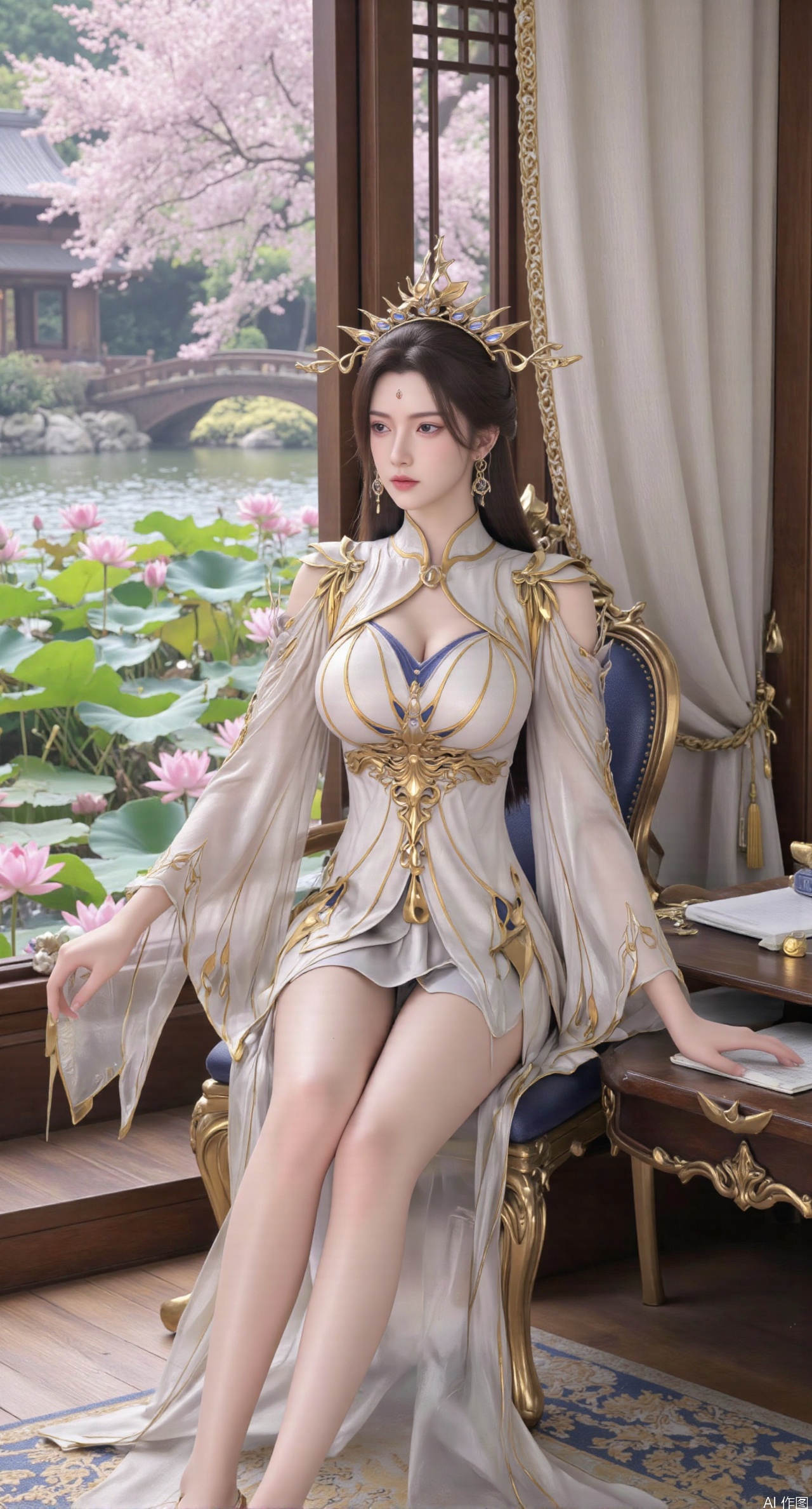 SFW,(masterpiece, best quality:1.2),1girl, solo, long dress,Ancient princess's boudoir with bright color palette,,(huge breasts:2.39),(full breasts:2.39), Hanfu-clad maiden sitting by latticed window desk in romantic daydreaming posture, classical Chinese garden through window showcasing lotus pond filled with blooming pink and white lotuses, delicate ink-wash painting style, interior featuring rosewood furniture with mother-of-pearl inlay, silk curtains fluttering in breeze, porcelain stationery set on desk, distant view of curved bridges and pavilions in garden, ultra HD rendering with crisp details on embroidered garments and translucent lotus petals,,(huge breasts:2.99),(full breasts:2.99),,XtianqiongY,XliumeiY,XyueliuY,Xxiaowu,Xyusanniang,Xxuenv,XchuxuanerXY,XchuxuanerX,Xhuangnv,Xshangguanweier
