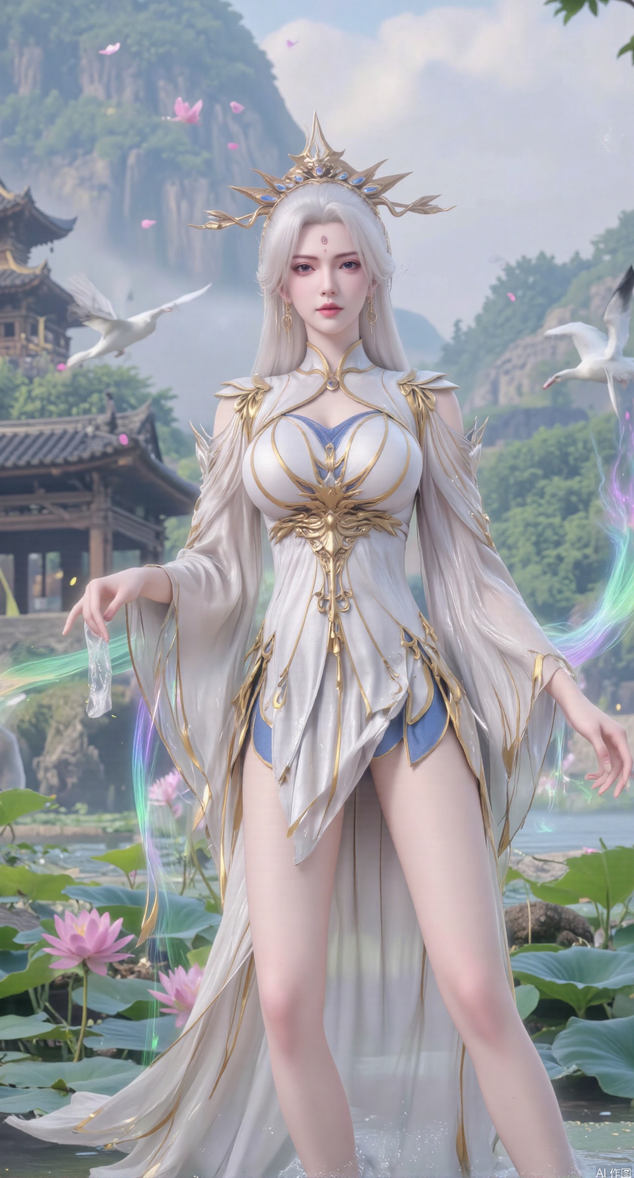 SFW,(masterpiece:1.2),best quality,1girl,solo,long hair,long dress,celestial maiden in flowing tulle gown levitates above lotus pond, ethereal mist trails from hair ribbons, mythical Penglai paradise emerges through clouds with glowing pavilions, translucent bioluminescent lotus blooms, flock of cranes gliding over water surface, ultra HD with soft 3D rendering, morning light filters through mist, falling petal rain, intricate details on scale-patterned fabric and lotus veins.(huge breasts:2.99),(full breasts:2.99),XanmiaoyiY,XhuolingerHHY,XwangqiuerKQW,Xxuenv,Xnanqiuqiu,Xhuangnv,XchuxuanerX,XchuxuanerXY