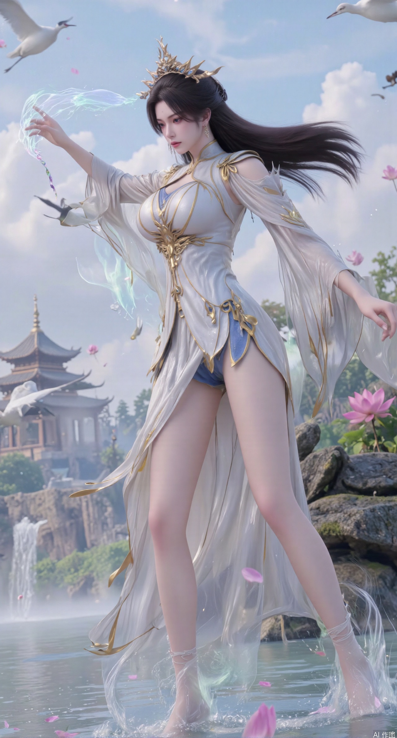 SFW,(masterpiece:1.2),best quality,1girl,solo,long hair,long dress,celestial maiden in flowing tulle gown levitates above lotus pond, ethereal mist trails from hair ribbons, mythical Penglai paradise emerges through clouds with glowing pavilions, translucent bioluminescent lotus blooms, flock of cranes gliding over water surface, ultra HD with soft 3D rendering, morning light filters through mist, falling petal rain, intricate details on scale-patterned fabric and lotus veins.(huge breasts:2.99),(full breasts:2.99),XanmiaoyiY,XhuolingerHHY,XwangqiuerKQW,Xxuenv,Xnanqiuqiu,Xhuangnv,XchuxuanerX,XchuxuanerXY