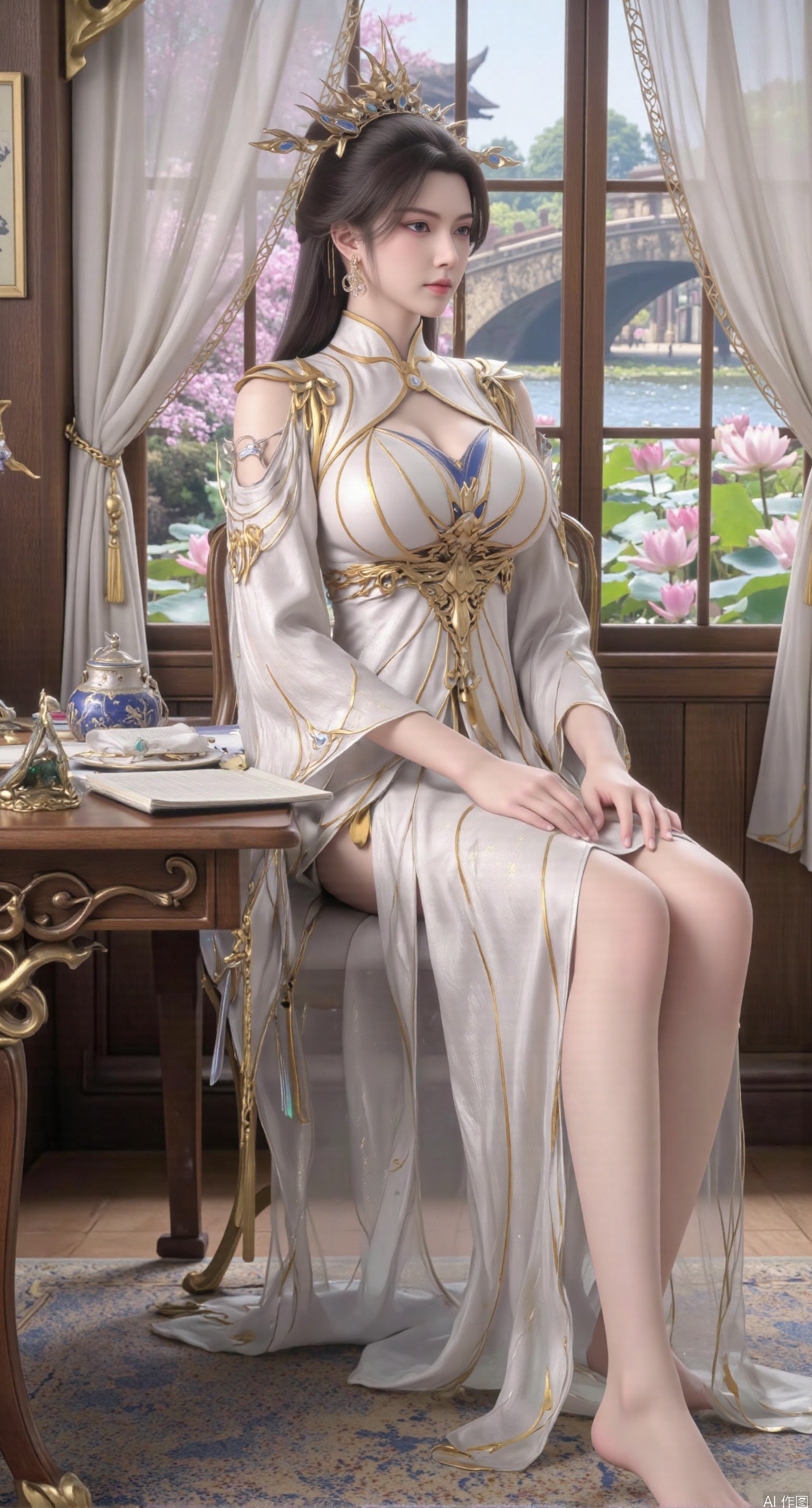 SFW,(masterpiece, best quality:1.2),1girl, solo, long dress,Ancient princess's boudoir with bright color palette,,(huge breasts:2.39),(full breasts:2.39), Hanfu-clad maiden sitting by latticed window desk in romantic daydreaming posture, classical Chinese garden through window showcasing lotus pond filled with blooming pink and white lotuses, delicate ink-wash painting style, interior featuring rosewood furniture with mother-of-pearl inlay, silk curtains fluttering in breeze, porcelain stationery set on desk, distant view of curved bridges and pavilions in garden, ultra HD rendering with crisp details on embroidered garments and translucent lotus petals,,(huge breasts:2.99),(full breasts:2.99),,XtianqiongY,XliumeiY,XyueliuY,Xxiaowu,Xyusanniang,Xxuenv,XchuxuanerXY,XchuxuanerX,Xhuangnv,Xshangguanweier