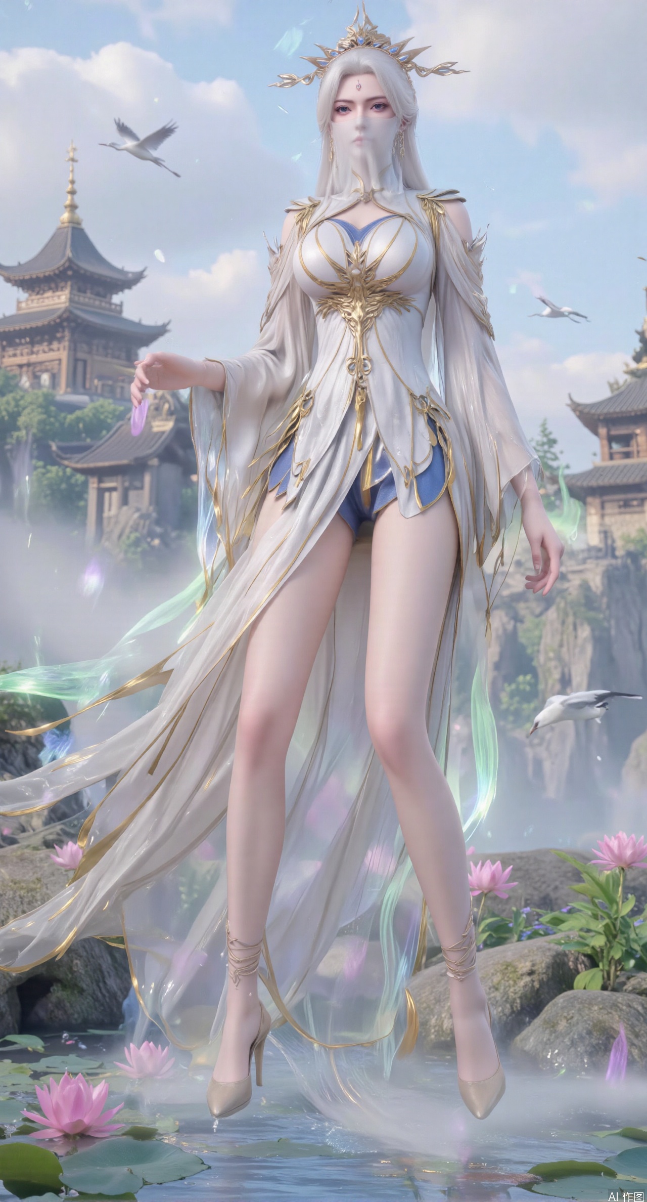 SFW,(masterpiece:1.2),best quality,1girl,solo,long hair,long dress,celestial maiden in flowing tulle gown levitates above lotus pond, ethereal mist trails from hair ribbons, mythical Penglai paradise emerges through clouds with glowing pavilions, translucent bioluminescent lotus blooms, flock of cranes gliding over water surface, ultra HD with soft 3D rendering, morning light filters through mist, falling petal rain, intricate details on scale-patterned fabric and lotus veins.(huge breasts:2.99),(full breasts:2.99),XanmiaoyiY,XhuolingerHHY,XwangqiuerKQW,Xxuenv,Xnanqiuqiu,Xhuangnv,XchuxuanerX,XchuxuanerXY