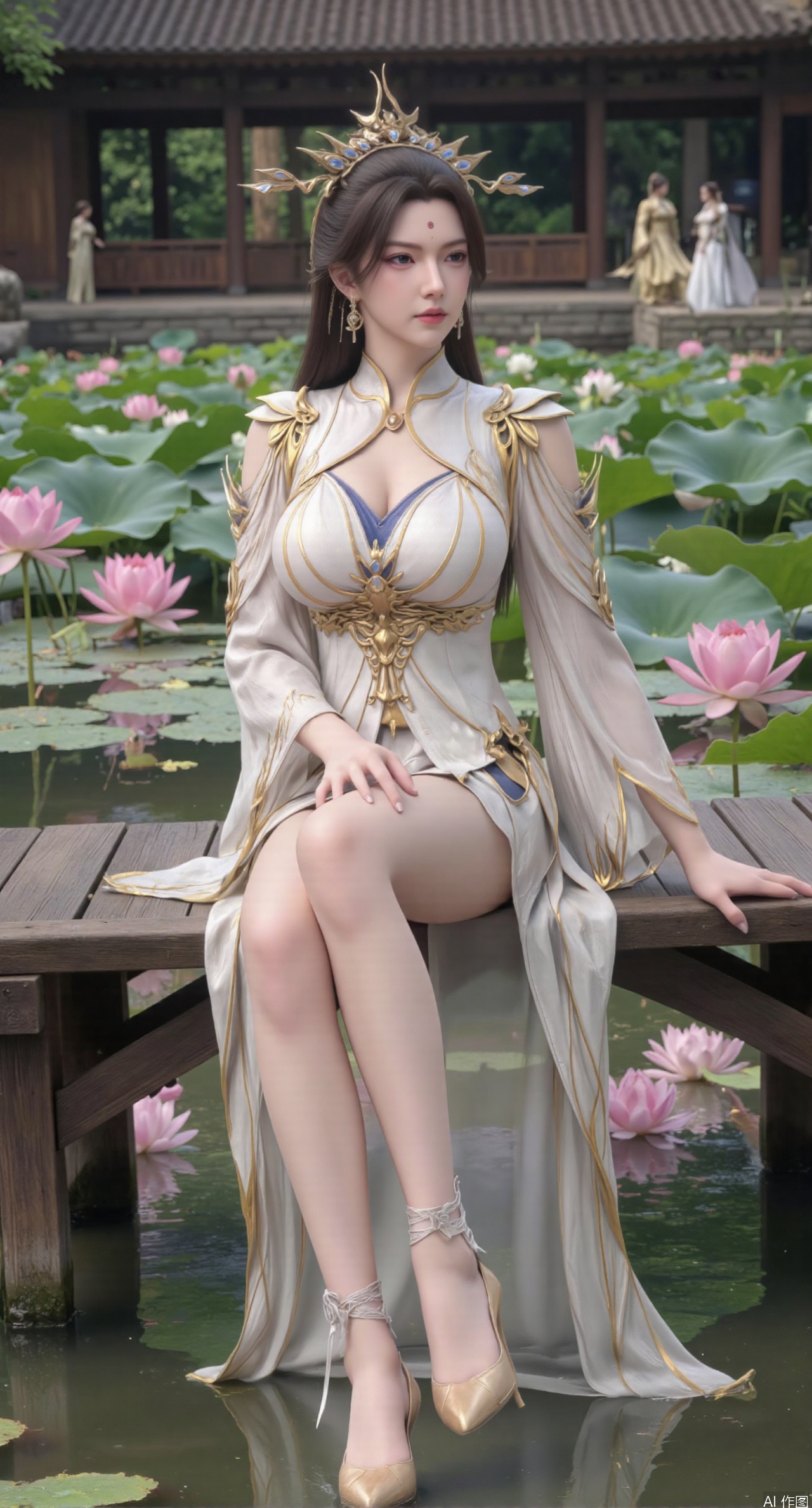SFW,(masterpiece:1.2),best quality,The image is a digital illustration of a young woman sitting on a wooden bench in a pond with lily pads. She is wearing a long dress with design on the chest and sleeves. The dress has a high neckline and short sleeves,Holding a lotus in hand. She has long dark hair styled in loose waves and is wearing gold high heels. The woman is posing with one hand on her hip and the other resting on the edge of the bench. The background is filled with pink and white lotus flowers and green leaves. The overall mood of the image is peaceful and serene,(huge breasts:2.99),(full breasts:2.99),(Background with traditional Chinese architecture, lotus pond and pink lotus flowers:1.39),XtianqiongY,XliumeiY,XyueliuY,Xxiaowu,Xyusanniang,Xxuenv,XchuxuanerXY,XchuxuanerX,Xhuangnv