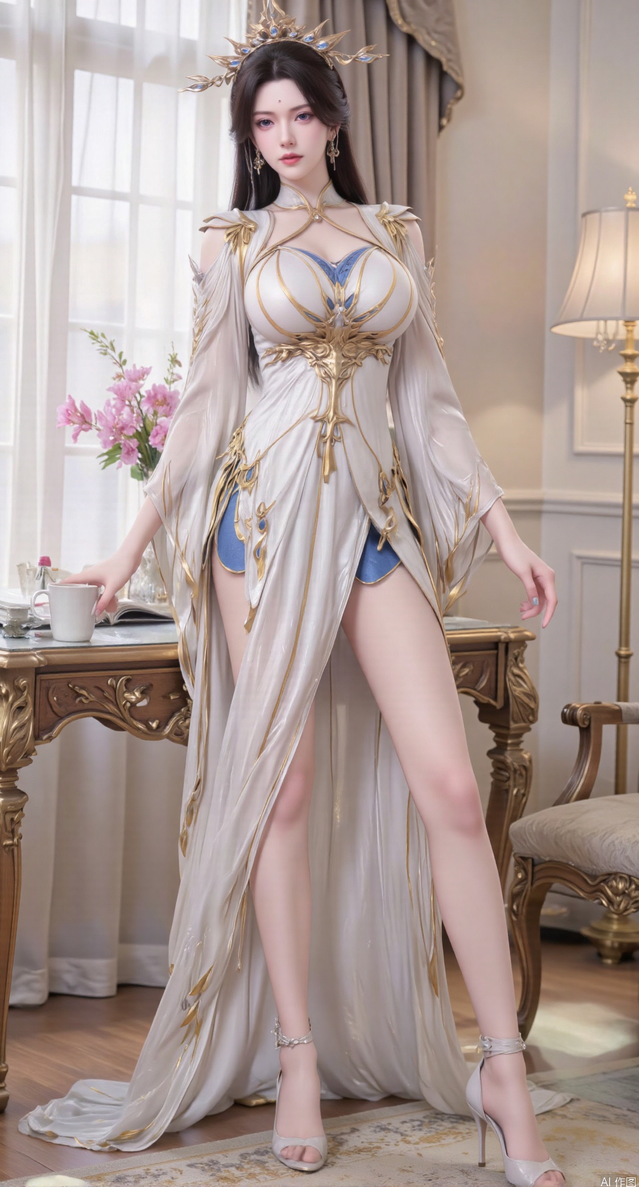 Ultra clear, wallpaper, 8k, masterpiece, 1girl, solo, long hair, breasts, looking at viewer, bangs, large breasts,long dress,, bare shoulders, jewelry, black hair, standing, purple eyes, full body, flower, thighs, indoors, hair bun, long dress, high heels, cup, see-through, book, bare legs, window, table, white footwear, standing on one leg, curtains, pink flower, side slit, vase, ,(huge breasts:2.99),(full breasts:2.99),phone screen,XanmiaoyiY,XhuolingerHHY,XwangqiuerKQW,Xxuenv,Xnanqiuqiu,Xhuangnv,XchuxuanerX
