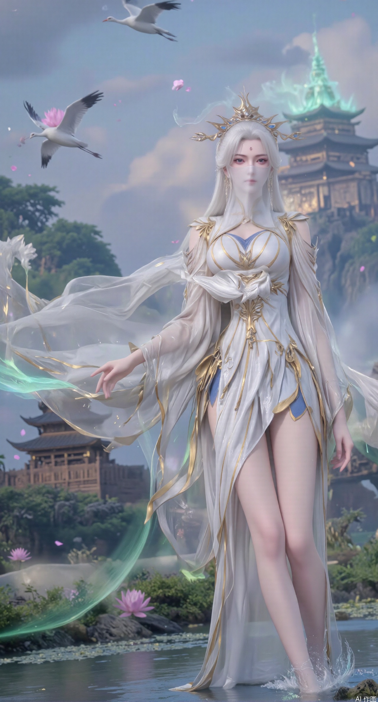 SFW,(masterpiece:1.2),best quality,1girl,solo,long hair,long dress,celestial maiden in flowing tulle gown levitates above lotus pond, ethereal mist trails from hair ribbons, mythical Penglai paradise emerges through clouds with glowing pavilions, translucent bioluminescent lotus blooms, flock of cranes gliding over water surface, ultra HD with soft 3D rendering, morning light filters through mist, falling petal rain, intricate details on scale-patterned fabric and lotus veins.(huge breasts:2.99),(full breasts:2.99),XanmiaoyiY,XhuolingerHHY,XwangqiuerKQW,Xxuenv,Xnanqiuqiu,Xhuangnv,XchuxuanerX,XchuxuanerXY