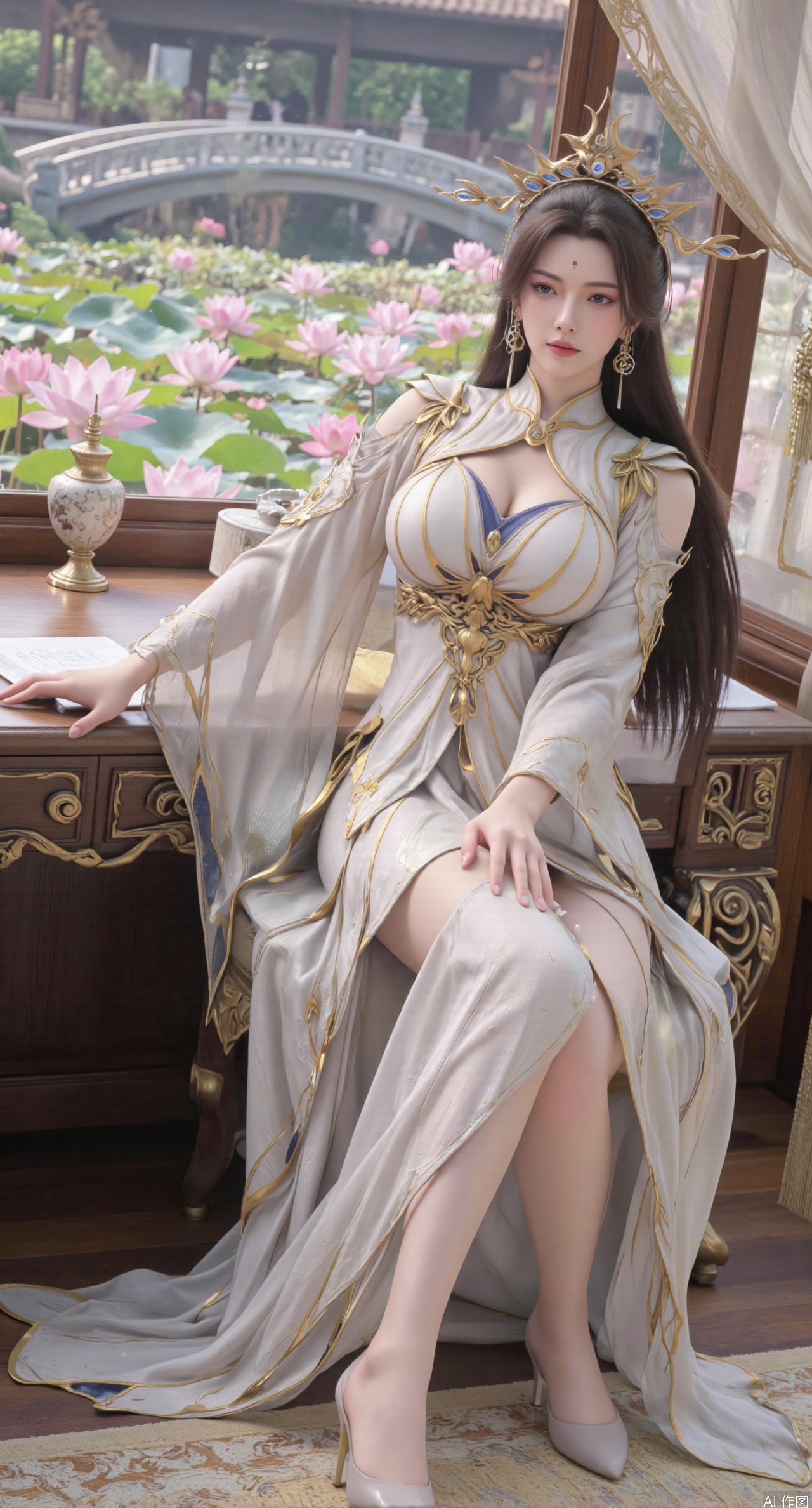 SFW,(masterpiece, best quality:1.2),1girl, solo, long dress,Ancient princess's boudoir with bright color palette,,(huge breasts:2.39),(full breasts:2.39), Hanfu-clad maiden sitting by latticed window desk in romantic daydreaming posture, classical Chinese garden through window showcasing lotus pond filled with blooming pink and white lotuses, delicate ink-wash painting style, interior featuring rosewood furniture with mother-of-pearl inlay, silk curtains fluttering in breeze, porcelain stationery set on desk, distant view of curved bridges and pavilions in garden, ultra HD rendering with crisp details on embroidered garments and translucent lotus petals,,(huge breasts:2.99),(full breasts:2.99),,XtianqiongY,XliumeiY,XyueliuY,Xxiaowu,Xyusanniang,Xxuenv,XchuxuanerXY,XchuxuanerX,Xhuangnv,Xshangguanweier