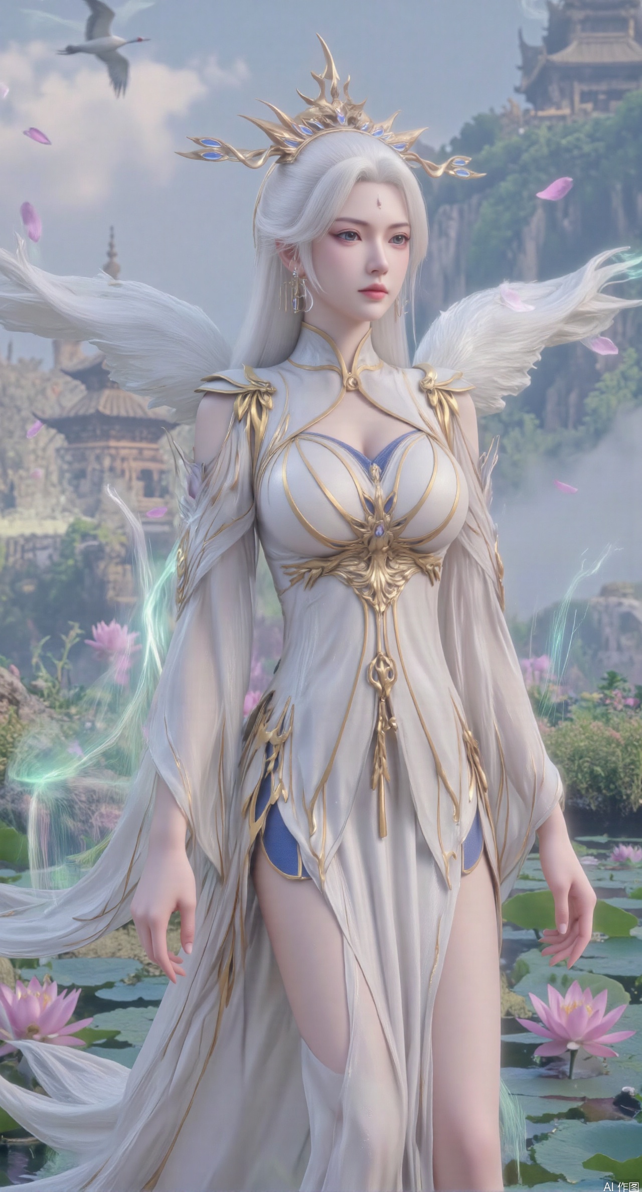  SFW,(masterpiece:1.2),best quality,1girl,solo,long hair,long dress,celestial maiden in flowing tulle gown levitates above lotus pond, Upper Body,ethereal mist trails from hair ribbons, mythical Penglai paradise emerges through clouds with glowing pavilions, translucent bioluminescent lotus blooms, flock of cranes gliding over water surface, ultra HD with soft 3D rendering, morning light filters through mist, falling petal rain, intricate details on scale-patterned fabric and lotus veins.(huge breasts:2.99),(full breasts:2.99),Xzhihua,Xsiyouyou,Xyanruyu,Xmoxiaonan,Xyeqingxian,Xyunwangshu,XlishaoyinY,Xxiaowu,Xyusanniang,XhuolingerHHY,Xwangqiuer,Xxuenv,XfuquY,XyunyunX,XchuxuanerXY,XchuxuanerX