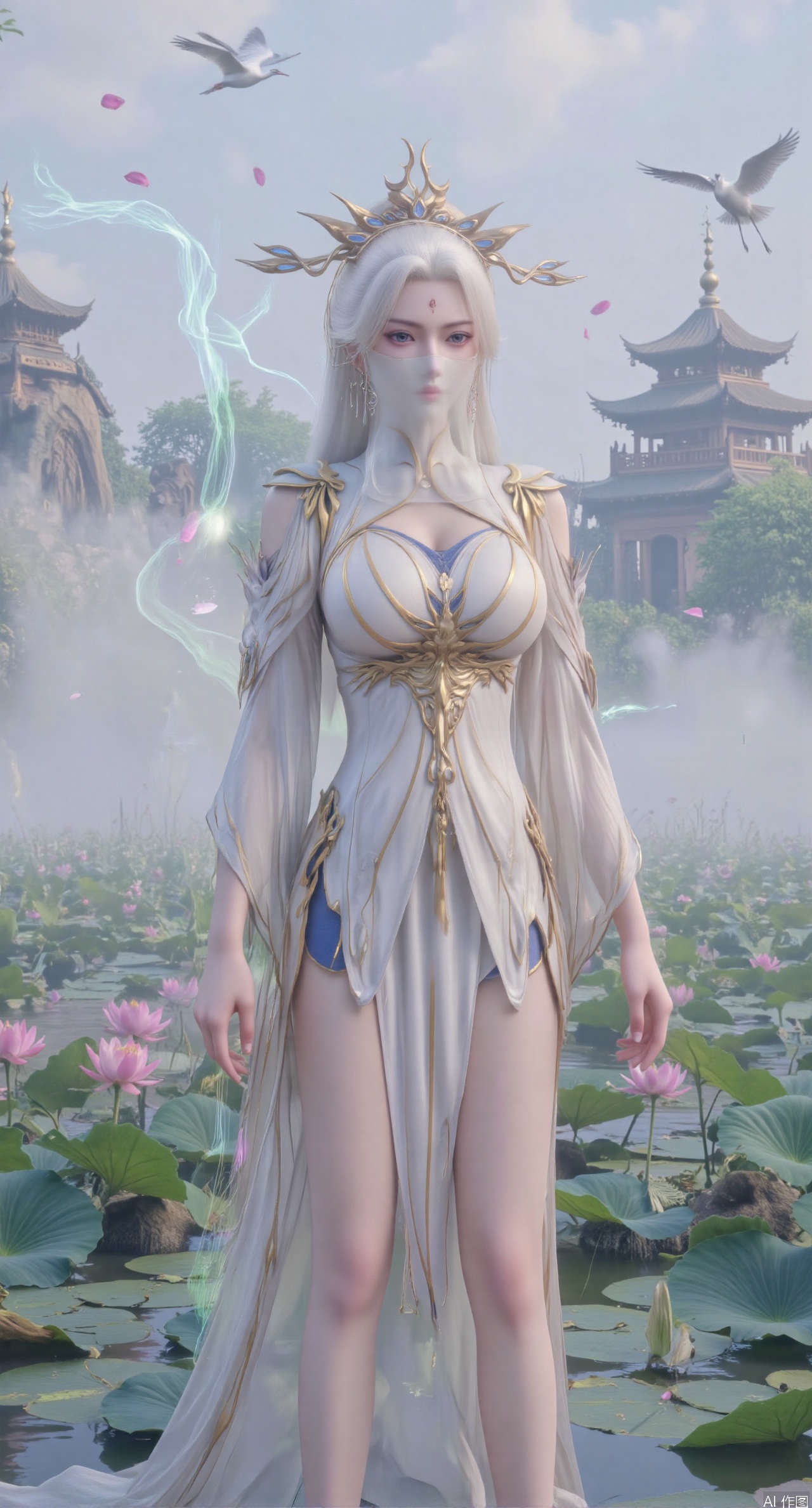  SFW,(masterpiece:1.2),best quality,1girl,solo,long hair,long dress,celestial maiden in flowing tulle gown levitates above lotus pond, Upper Body,ethereal mist trails from hair ribbons, mythical Penglai paradise emerges through clouds with glowing pavilions, translucent bioluminescent lotus blooms, flock of cranes gliding over water surface, ultra HD with soft 3D rendering, morning light filters through mist, falling petal rain, intricate details on scale-patterned fabric and lotus veins.(huge breasts:2.99),(full breasts:2.99),Xzhihua,Xsiyouyou,Xyanruyu,Xmoxiaonan,Xyeqingxian,Xyunwangshu,XlishaoyinY,Xxiaowu,Xyusanniang,XhuolingerHHY,Xwangqiuer,Xxuenv,XfuquY,XyunyunX,XchuxuanerXY,XchuxuanerX