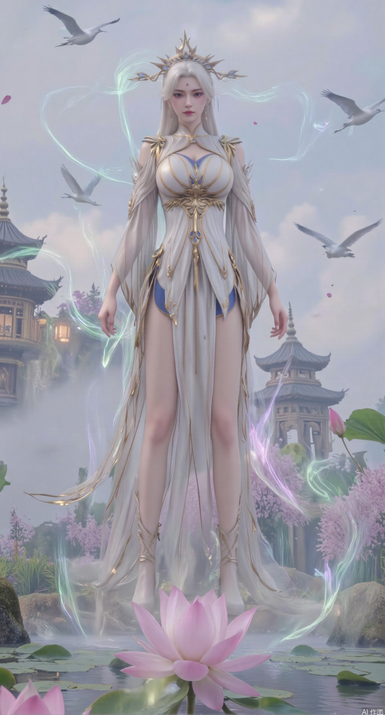  SFW,(masterpiece:1.2),best quality,1girl,solo,long hair,long dress,celestial maiden in flowing tulle gown levitates above lotus pond, Upper Body,ethereal mist trails from hair ribbons, mythical Penglai paradise emerges through clouds with glowing pavilions, translucent bioluminescent lotus blooms, flock of cranes gliding over water surface, ultra HD with soft 3D rendering, morning light filters through mist, falling petal rain, intricate details on scale-patterned fabric and lotus veins.(huge breasts:2.99),(full breasts:2.99),Xzhihua,Xsiyouyou,Xyanruyu,Xmoxiaonan,Xyeqingxian,Xyunwangshu,XlishaoyinY,Xxiaowu,Xyusanniang,XhuolingerHHY,Xwangqiuer,Xxuenv,XfuquY,XyunyunX,XchuxuanerXY,XchuxuanerX