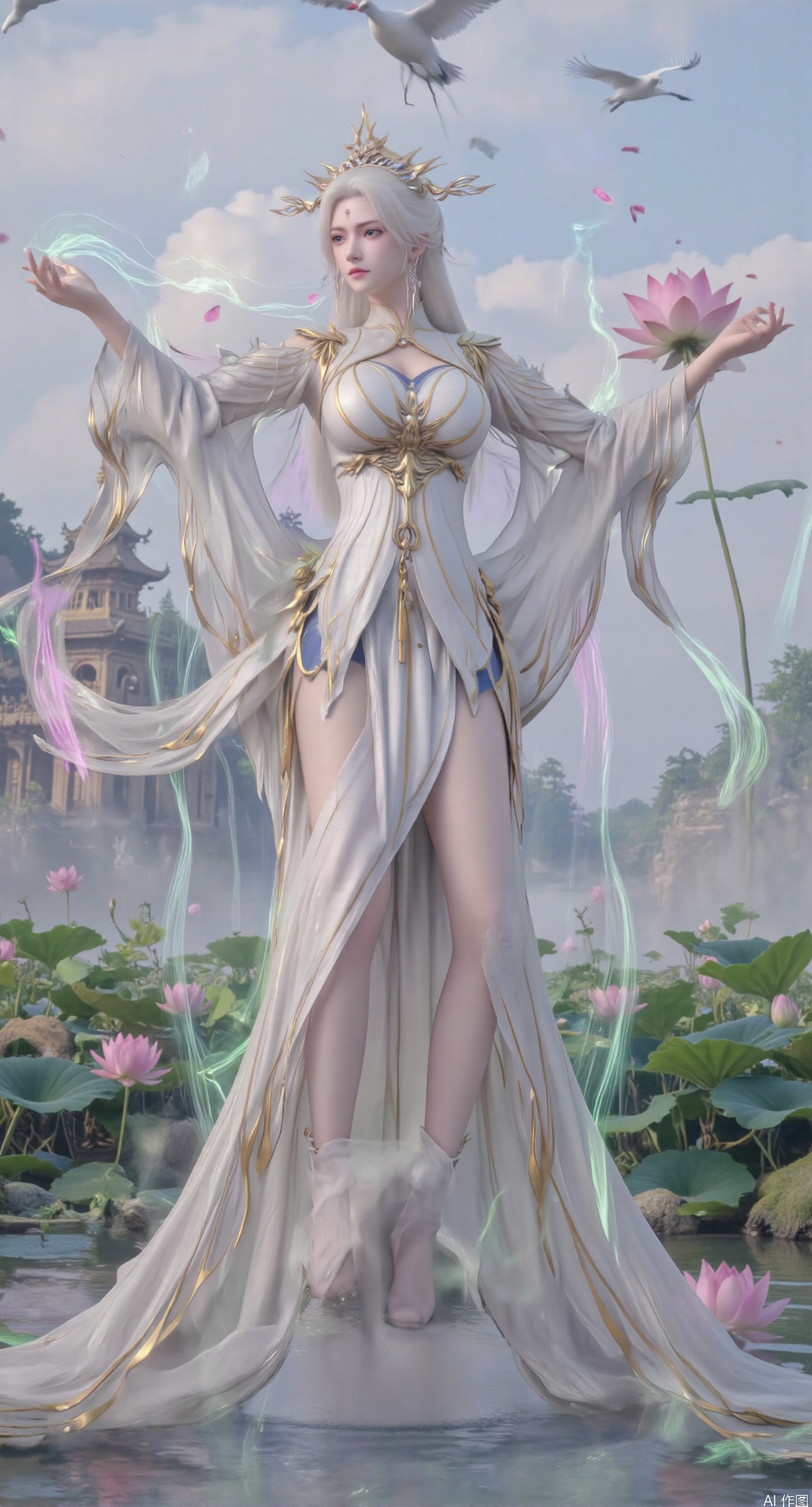  SFW,(masterpiece:1.2),best quality,1girl,solo,long hair,long dress,celestial maiden in flowing tulle gown levitates above lotus pond, Upper Body,ethereal mist trails from hair ribbons, mythical Penglai paradise emerges through clouds with glowing pavilions, translucent bioluminescent lotus blooms, flock of cranes gliding over water surface, ultra HD with soft 3D rendering, morning light filters through mist, falling petal rain, intricate details on scale-patterned fabric and lotus veins.(huge breasts:2.99),(full breasts:2.99),Xzhihua,Xsiyouyou,Xyanruyu,Xmoxiaonan,Xyeqingxian,Xyunwangshu,XlishaoyinY,Xxiaowu,Xyusanniang,XhuolingerHHY,Xwangqiuer,Xxuenv,XfuquY,XyunyunX,XchuxuanerXY,XchuxuanerX