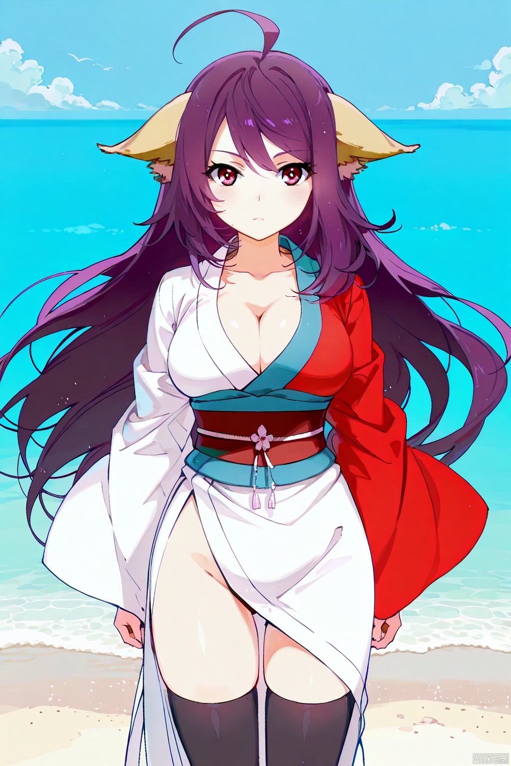 1girl, solo, long hair, breasts, looking at viewer, large breasts, red eyes, thighhighs, animal ears, cleavage, very long hair, purple hair, ahoge, japanese clothes, kimono, sash, antenna hair, single sleeve,Thigh exposed,thighhighs,looking at viewer,on the beach,