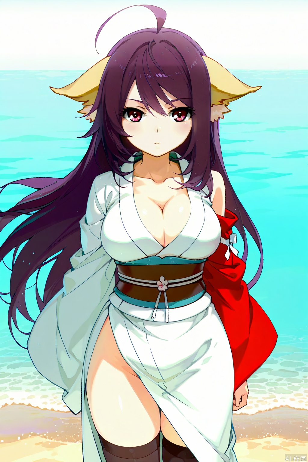 1girl, solo, long hair, breasts, looking at viewer, large breasts, red eyes, thighhighs, animal ears, cleavage, very long hair, purple hair, ahoge, japanese clothes, kimono, sash, antenna hair, single sleeve,Thigh exposed,thighhighs,looking at viewer,on the beach,
