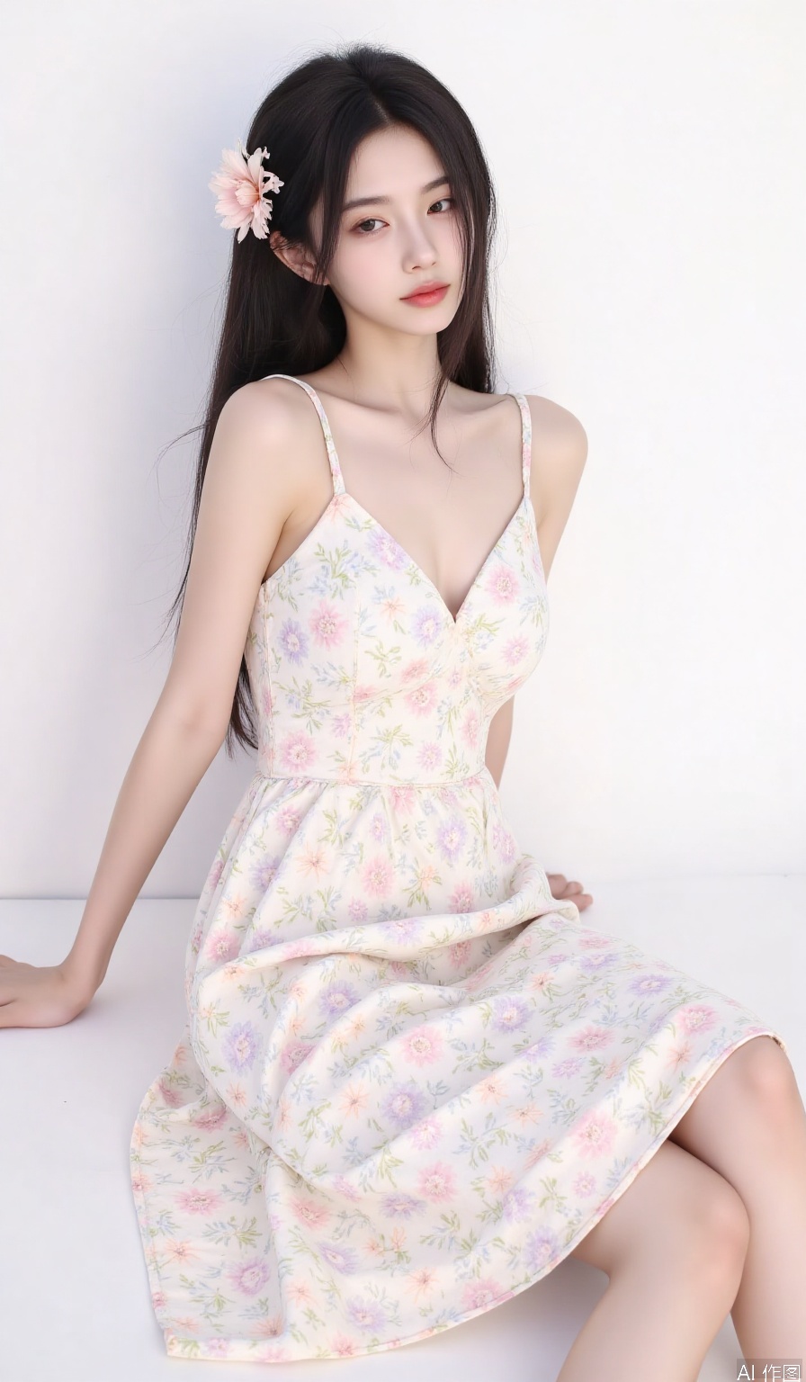 1girl, solo, long hair, black hair, hair ornament, dress, sitting, flower, hair flower, lips, sleeveless dress, arm support, realistic, sundress