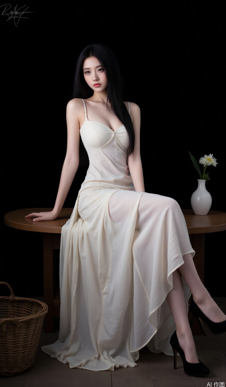 1girl, solo, long hair, breasts, looking at viewer, black hair, dress, bare shoulders, brown eyes, sitting, indoors, signature, black footwear, white dress, high heels, table, realistic, long dress, basket, vase,black background