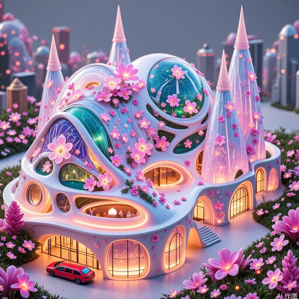 , Everything blossoms.,Future architecture,glittering and translucent,Beardsley and Gaudi,Magical architectural landscape