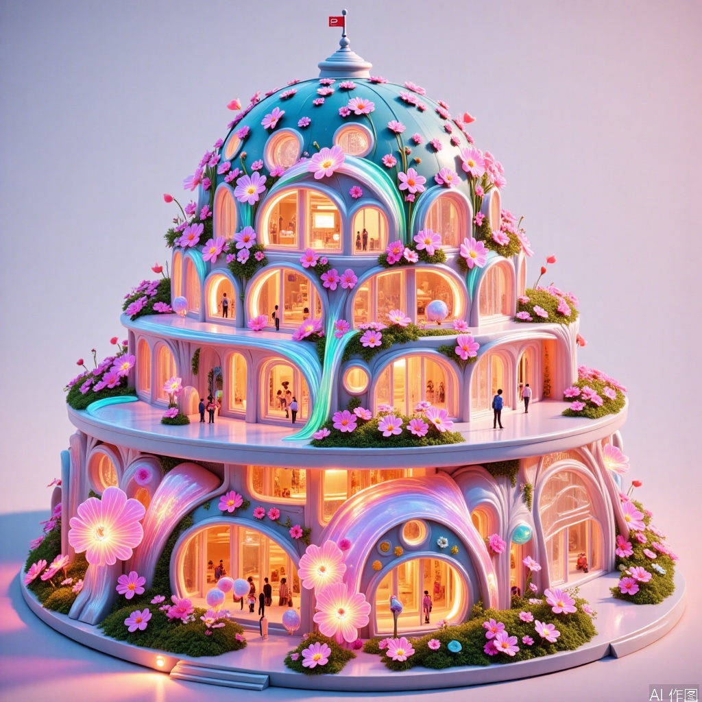 , Everything blossoms.,Future architecture,glittering and translucent,Beardsley and Gaudi,Magical architectural landscape