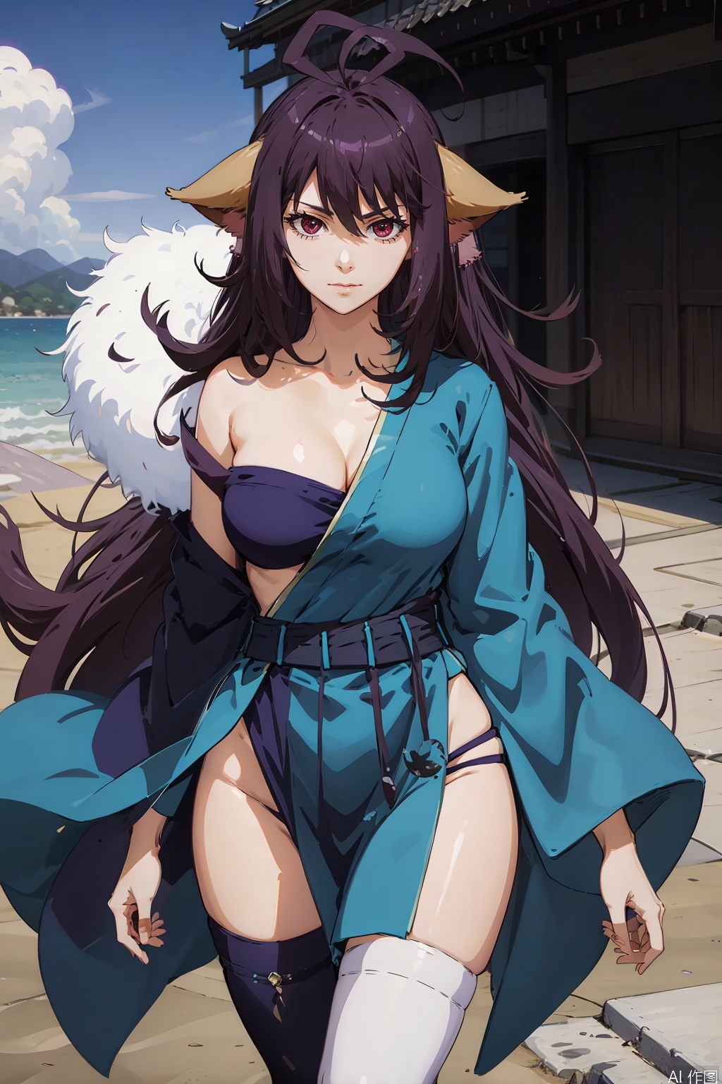 1girl, solo, long hair, breasts, looking at viewer, large breasts, red eyes, thighhighs, animal ears, cleavage, very long hair, purple hair, ahoge, japanese clothes, kimono, sash, antenna hair, single sleeve,Thigh exposed,thighhighs,looking at viewer,on the beach,