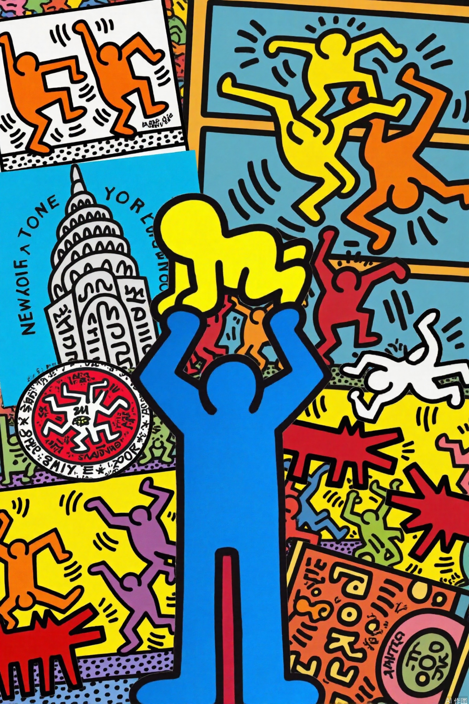The image is a colorful, stylized illustration that combines various iconic elements of pop culture and urban life. It features a variety of vibrant colors, including blue, yellow, red, and orange, which are used to depict different scenes and characters. The central figure is a large blue humanoid character, seemingly supporting a smaller yellow character, which is standing on its shoulders. Surrounding them are smaller figures engaged in various activities, such as dancing, playing sports, and interacting with each other.

In the top left corner, there is a scene with orange figures dancing and jumping, set against a white background with a red circle and text. Below that, there is a depiction of the Chrysler Building, recognizable by its distinctive spire, with the words "NEW YORK" written beside it. To the right, there is a scene showing a group of red figures dancing and interacting, with a window in the background where a yellow figure is seen.

The bottom left corner features a circular design with red and white text that reads "SOME ARE MORE." The background is filled with abstract shapes and patterns, adding to the overall dynamic and energetic feel of the image. The entire composition is a vibrant and lively representation of urban life and cultural icons.