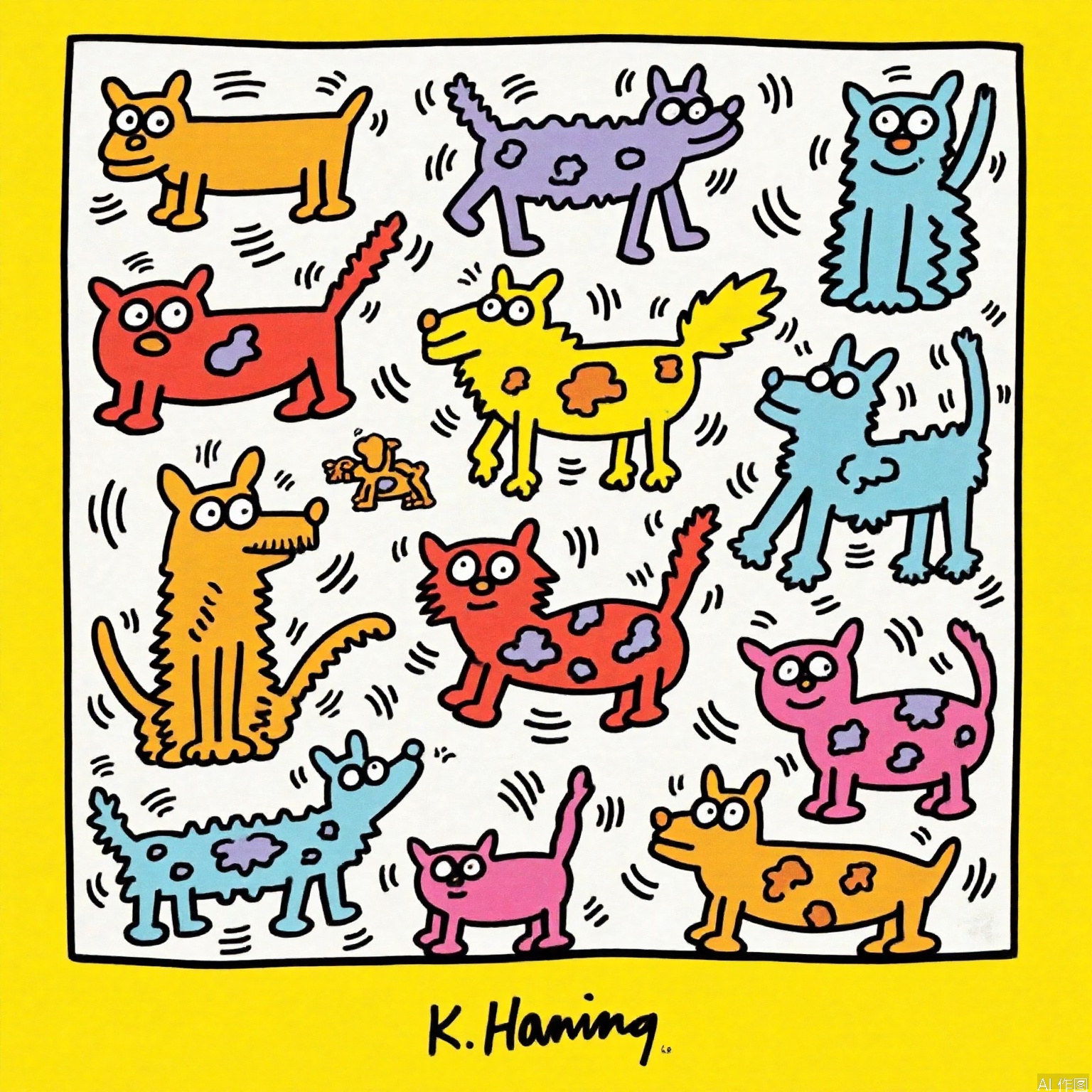 The image features a colorful illustration of various animals, including dogs, cats, and a small cat, all drawn in a whimsical and cartoonish style. The animals are depicted in vibrant colors, with each one having distinct features and expressions. The background is a solid yellow, which contrasts with the colorful animals and makes them stand out. The illustration is signed at the bottom with the name "K. Hanning." The overall style is playful and imaginative, with each animal having unique characteristics and dynamic poses that suggest movement.