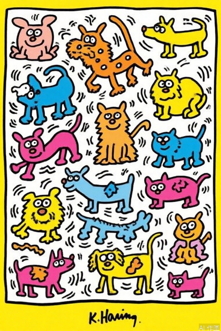 The image features a colorful illustration of various animals, including dogs, cats, and a small cat, all drawn in a whimsical and cartoonish style. The animals are depicted in vibrant colors, with each one having distinct features and expressions. The background is a solid yellow, which contrasts with the colorful animals and makes them stand out. The illustration is signed at the bottom with the name "K. Hanning." The overall style is playful and imaginative, with each animal having unique characteristics and dynamic poses that suggest movement.