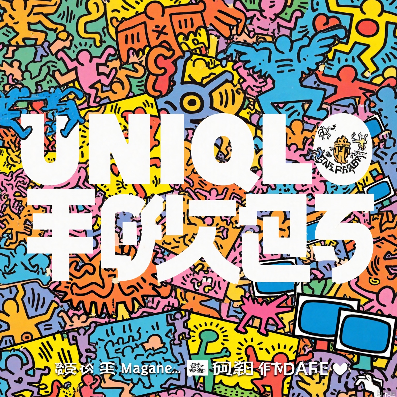 The image features a vibrant and colorful design with a variety of abstract and cartoon-like figures. The central focus is a large, bold text that reads "UNIQLO" in white, with the letters overlapping into the background. Surrounding the text are smaller, colorful figures in different shapes and forms, including a hand reaching upwards, a person holding a cup, and other playful and dynamic figures. The background consists of smaller squares filled with similar abstract designs, creating a mosaic effect. At the bottom of the image, there is a logo for UNIQLO in white, with the text "自创, 无国界" beneath it, which translates to "Self-created, without borders." The overall design is modern and artistic, with a playful and energetic feel.
