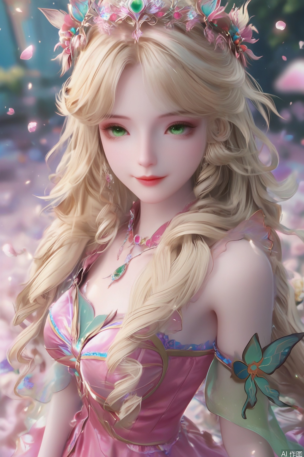 score_9,score_8_up,score_7_up,1girl,solo,long hair,looking at viewer,blonde hair,hair ornament,dress,bare shoulders,jewelry,green eyes,lips,drill hair,pink dress,curly hair,3d,realistic,smile,flower,petals,blurry background,butterfly,standing,very long hair,from above,light particles,flower