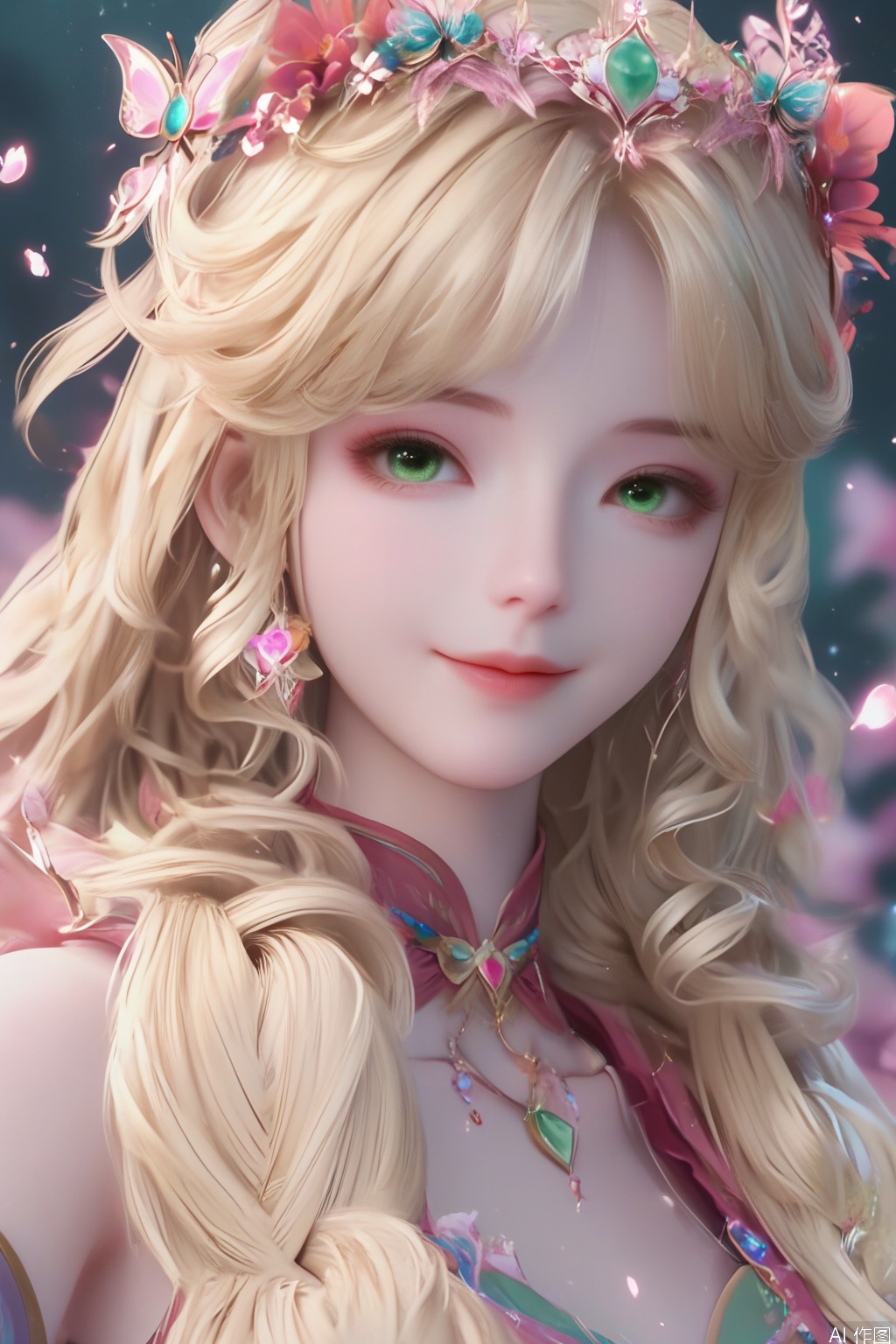 score_9,score_8_up,score_7_up,1girl,solo,long hair,looking at viewer,blonde hair,hair ornament,bare shoulders,jewelry,green eyes,lips,drill hair,curly hair,3d,realistic,smile,flower,petals,blurry background,butterfly,standing,very long hair,light particles,flower,(The girl made two V signs:1.2),(head tilt:1.2),(portrait:1.2),pink theme,The girl made two V signs