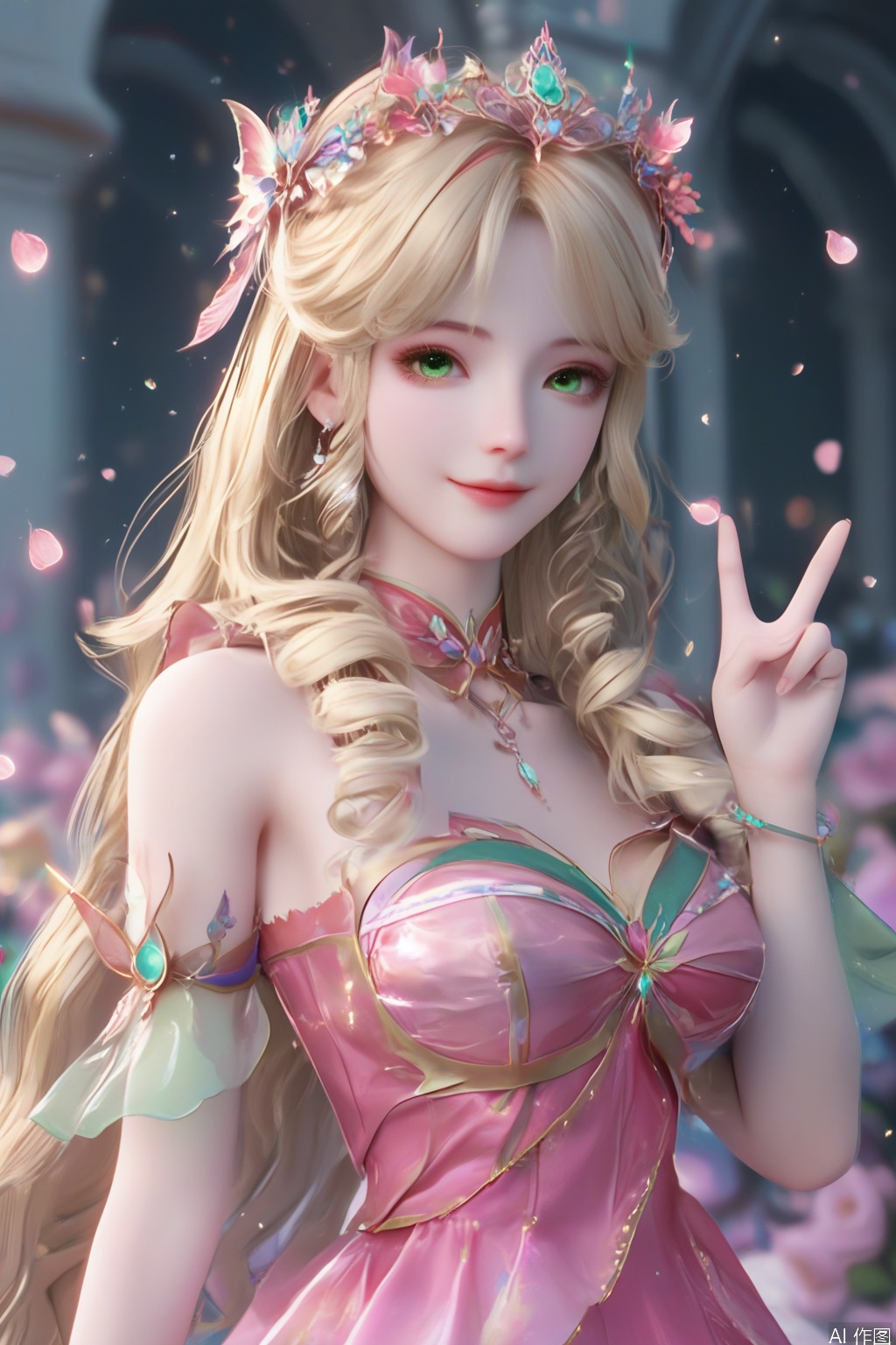 score_9,score_8_up,score_7_up,1girl,solo,long hair,looking at viewer,blonde hair,hair ornament,dress,bare shoulders,jewelry,green eyes,lips,drill hair,pink dress,curly hair,3d,realistic,smile,flower,petals,blurry background,butterfly,standing,very long hair,light particles,flower,The girl made two V signs