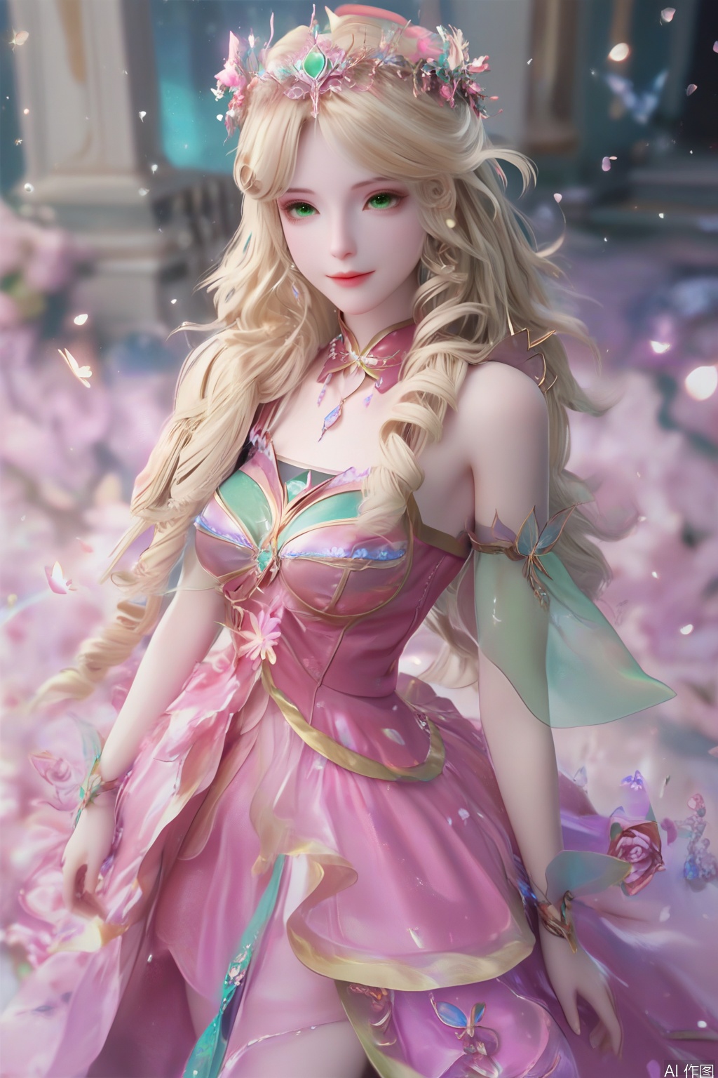 score_9,score_8_up,score_7_up,1girl,solo,long hair,looking at viewer,blonde hair,hair ornament,dress,bare shoulders,jewelry,green eyes,lips,drill hair,pink dress,curly hair,3d,realistic,smile,flower,petals,blurry background,butterfly,standing,very long hair,from above,light particles,flower