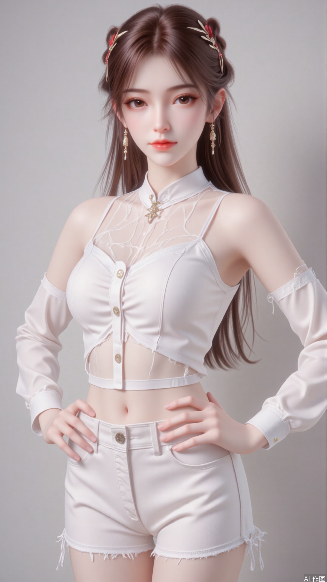 1girl,long hair,white shirt,hands on hips,dnz,Random posture