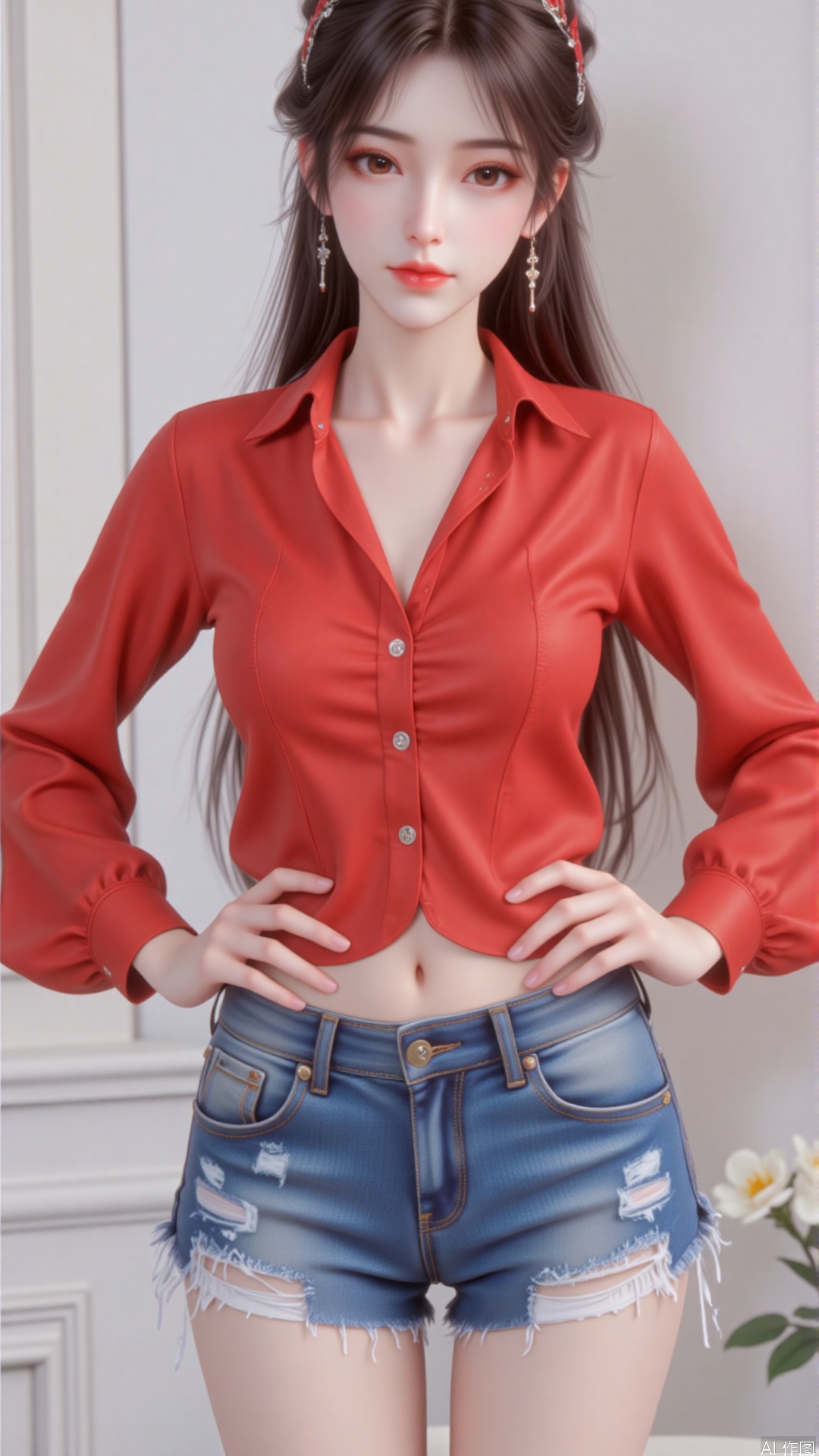 1girl,long hair,Red blouse,Ultra short jeans,,hands on hips,dnz,Random posture