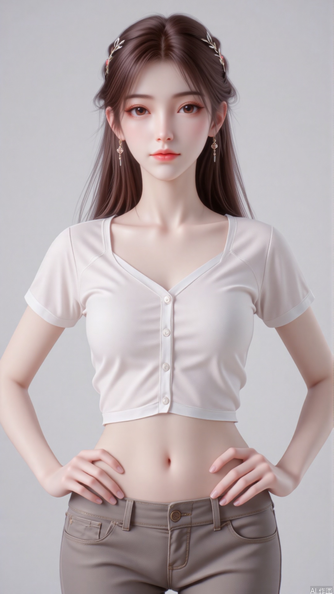 1girl,long hair,white shirt,hands on hips,dnz,Random posture
