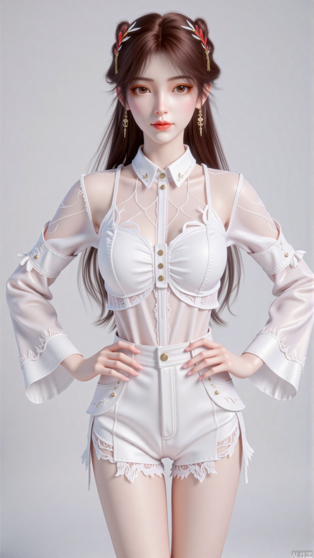 1girl,long hair,white shirt,hands on hips,dnz,Random posture