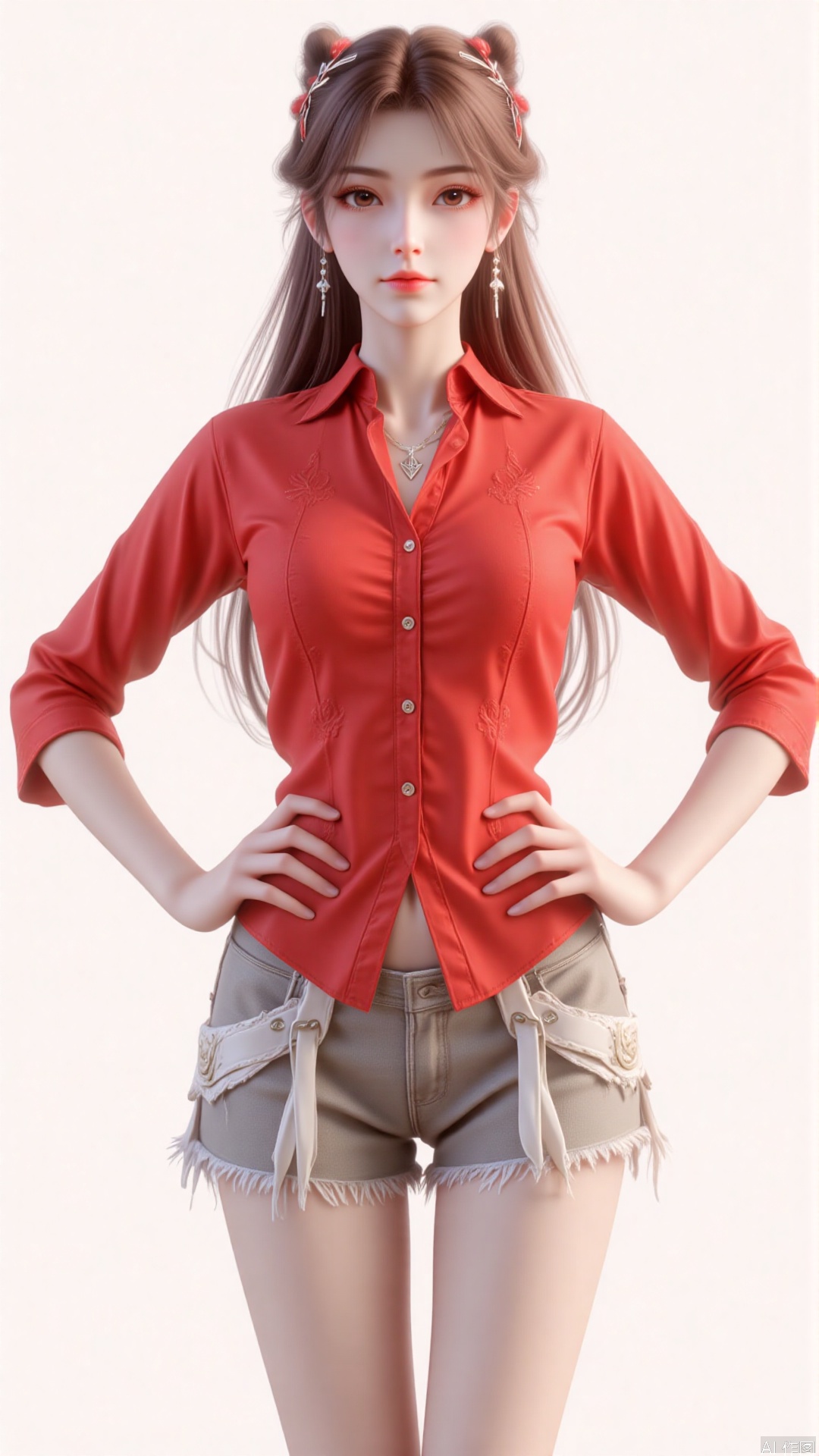 1girl,long hair,red shirt,hands on hips,dnz,Random posture