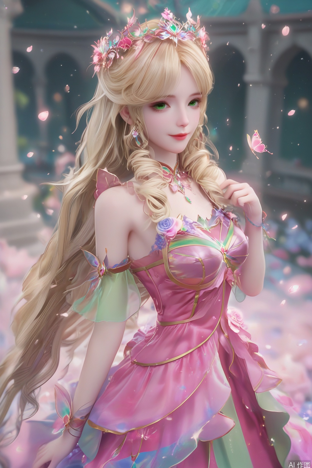 score_9,score_8_up,score_7_up,1girl,solo,long hair,looking at viewer,blonde hair,hair ornament,dress,bare shoulders,jewelry,green eyes,lips,drill hair,pink dress,curly hair,3d,realistic,smile,flower,petals,blurry background,butterfly,standing,very long hair,from above,light particles,flower