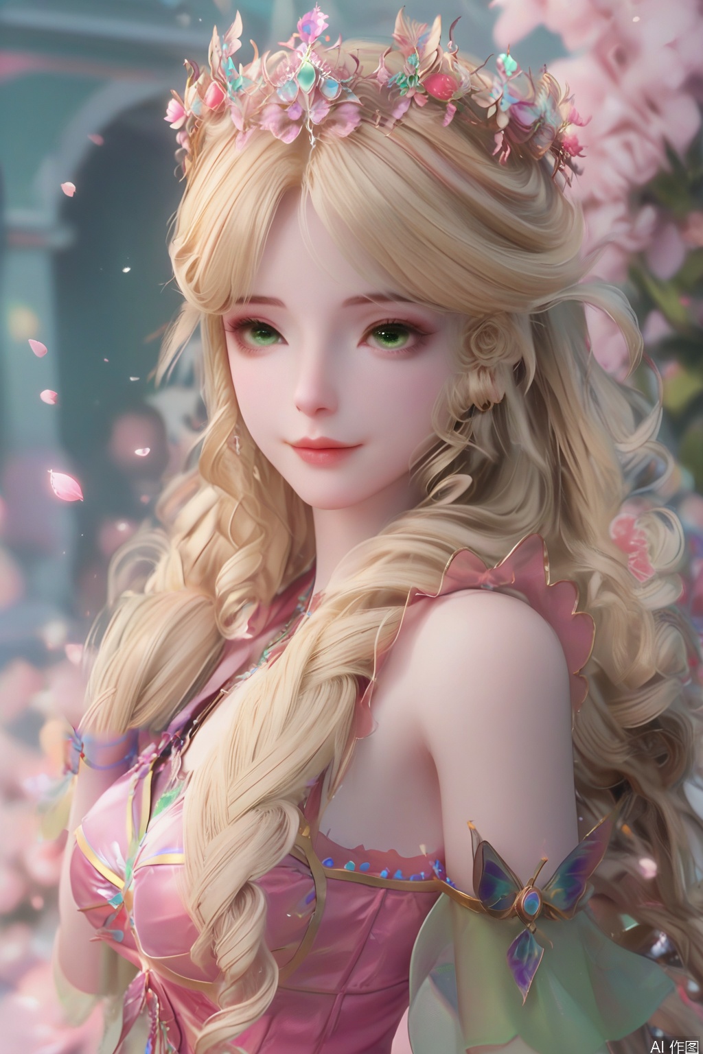 score_9,score_8_up,score_7_up,1girl,solo,long hair,breasts,looking at viewer,blonde hair,hair ornament,dress,bare shoulders,jewelry,medium breasts,green eyes,lips,drill hair,pink dress,curly hair,3d,realistic,smile,flower,petals,blurry background,portrait