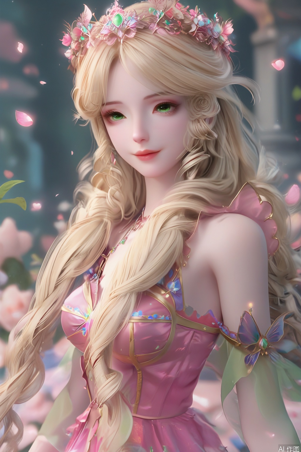 score_9,score_8_up,score_7_up,1girl,solo,long hair,breasts,looking at viewer,blonde hair,hair ornament,dress,bare shoulders,jewelry,medium breasts,green eyes,lips,drill hair,pink dress,curly hair,3d,realistic,smile,flower,petals,blurry background,butterfly,portrait