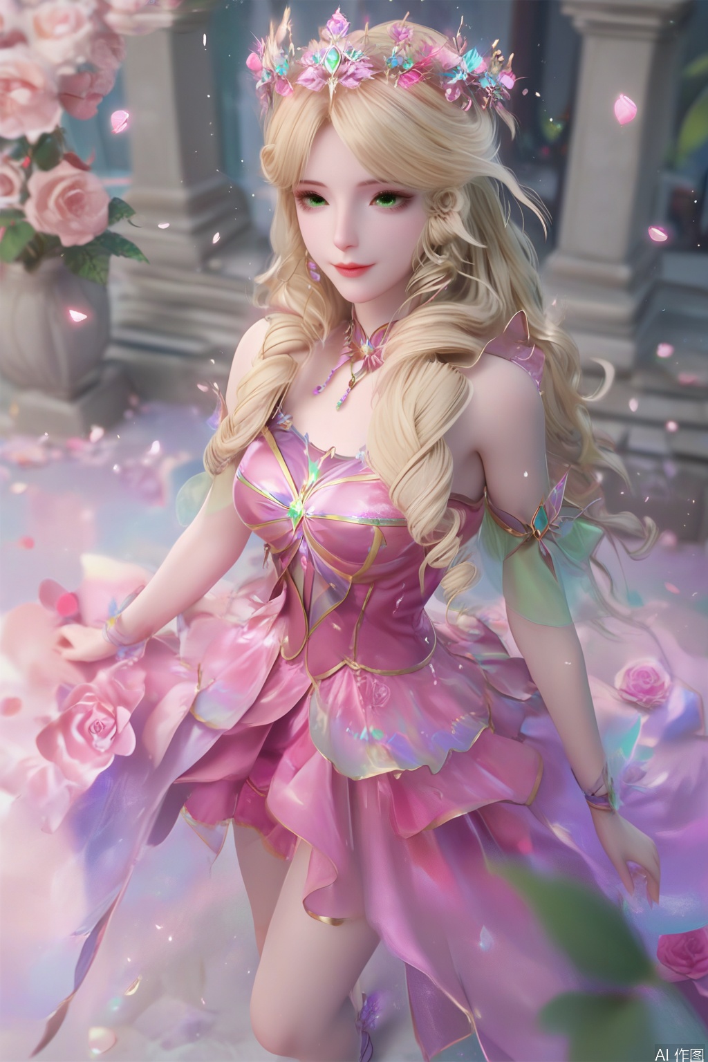 score_9,score_8_up,score_7_up,1girl,solo,long hair,looking at viewer,blonde hair,hair ornament,dress,bare shoulders,jewelry,green eyes,lips,drill hair,pink dress,curly hair,3d,realistic,smile,flower,petals,blurry background,butterfly,standing,very long hair,from above,pink rose,purple footwear,light particles,flower,shoes