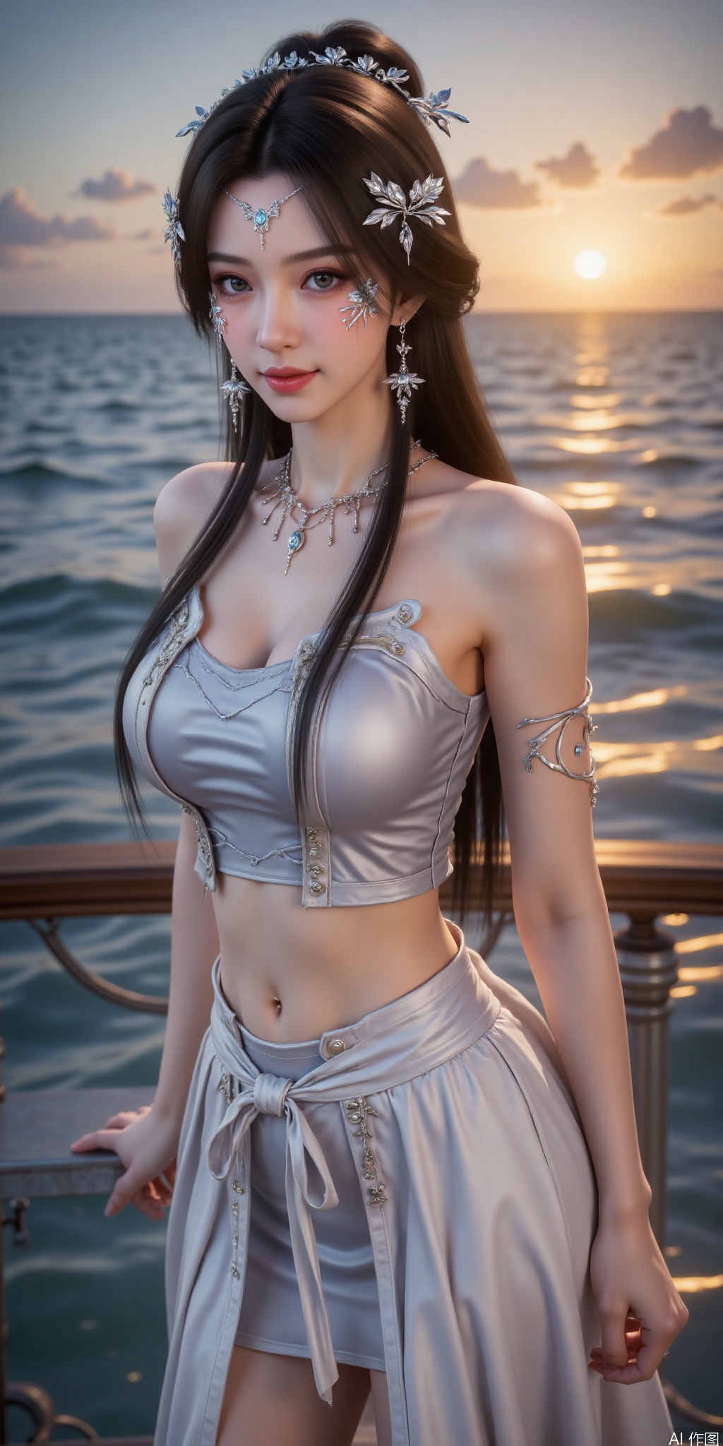 best quality, masterpiece, realistic,cowboy_shot,(Good structure), DSLR Quality,Depth of field,kind smile,looking_at_viewer,Dynamic pose, 1girl, solo, long hair, , looking at viewer, skirt, hair ornament, bare shoulders, jewelry, , , earrings, outdoors, midriff, water, necklace, lips, crop top, grey eyes, leaning forward, ocean, white skirt, strapless vest, sunset, sun,anmiaoyi
