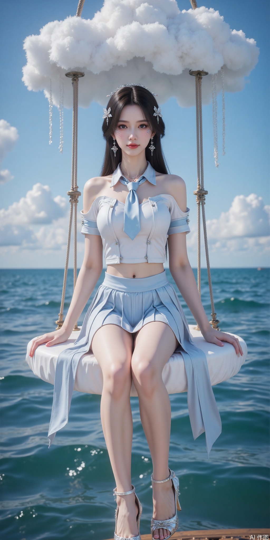 真人肌肤纹理, 4K画质,完美身材,long legs,big_breasts,navel,,Film texture,, film and television, surrealism, a girl with a delicate face is sitting on a cloud swing. The girl is wearing a jk sailor uniform, a white short-sleeved shirt, light blue stripes trimming, a light blue tie, white blue pleated skirt, exquisite diamond-encrusted high heels, swing rope The sub is connected to a cloud in the sky, the background is a vast ocean, the water shows a consistent blue-green tone, the sky is also blue-green, blending with the ocean, perfect light and shadow, hyper-realistic photography, sharpening, artistic conception, Consciousness, large areas of blank space, sense of space, haziness, dreams, fog,