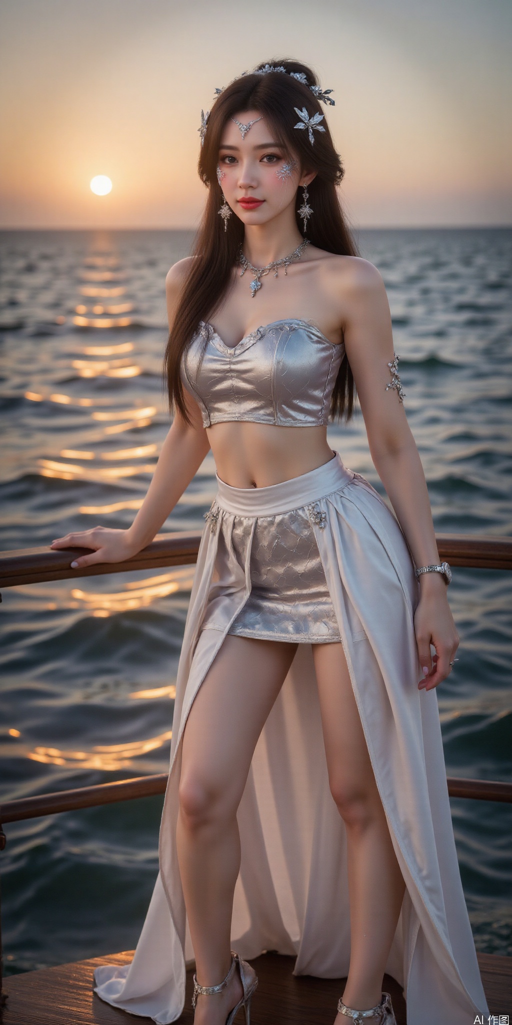 surreal warm cinematic full body shot photography, Kodak Professional Portra 160, 1girl,looking_at_viewer,navel,,exquisite diamond-encrusted high heels, ,kind smile,. , argyle legwear,star \(symbol\),super long legs, ,realistic,,pose for picture,Dynamic posture, ,良好解剖结构,真人肌肤纹理, 4K画质,完美身材, 
best quality, masterpiece, realistic,cowboy_shot,(Good structure), DSLR Quality,Depth of field,kind smile,looking_at_viewer,Dynamic pose, 1girl, solo, long hair, , looking at viewer, skirt, hair ornament, bare shoulders, jewelry, , earrings, outdoors, midriff, water, necklace, lips, crop top, grey eyes, leaning forward, ocean, white skirt, strapless vest, sunset, sun,