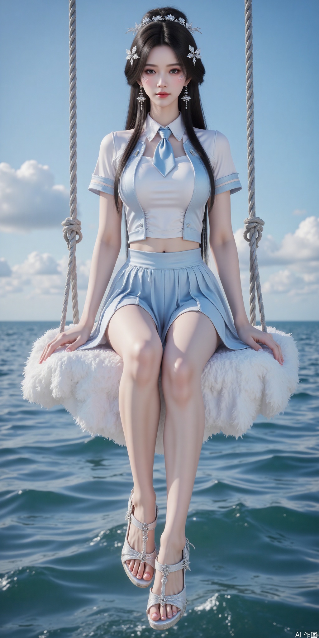 真人肌肤纹理, 4K画质,完美身材,long legs,big_breasts,navel,,Film texture,, film and television, surrealism, a girl with a delicate face is sitting on a cloud swing. The girl is wearing a jk sailor uniform, a white short-sleeved shirt, light blue stripes trimming, a light blue tie, white blue pleated skirt, exquisite diamond-encrusted high heels, swing rope The sub is connected to a cloud in the sky, the background is a vast ocean, the water shows a consistent blue-green tone, the sky is also blue-green, blending with the ocean, perfect light and shadow, hyper-realistic photography, sharpening, artistic conception, Consciousness, large areas of blank space, sense of space, haziness, dreams, fog,