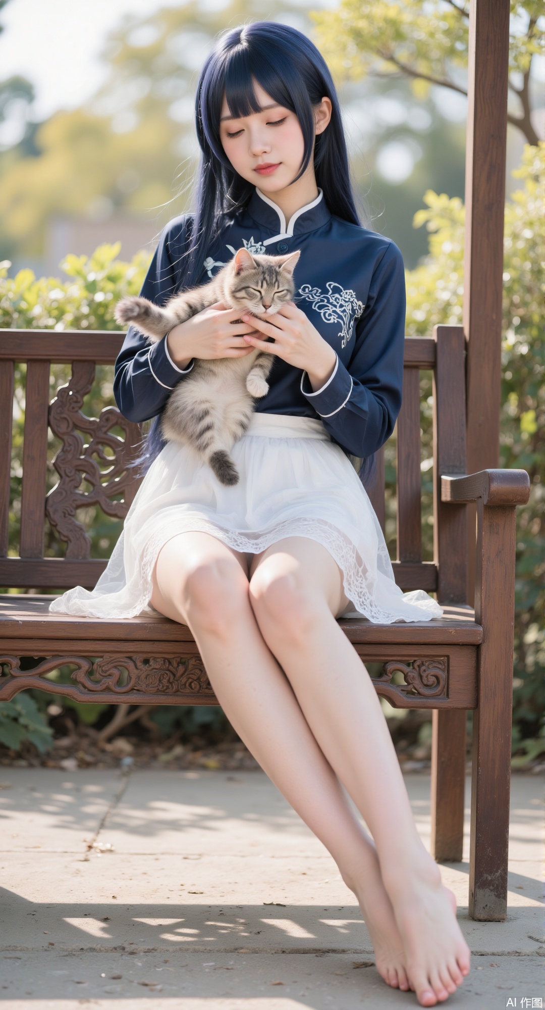 1girl, solo, long hair, bangs, skirt, black hair, long sleeves, holding, sitting, full body, closed eyes, outdoors,, animal, cat, no footwear, white skirt, crossed legs,, bench, holding animal
